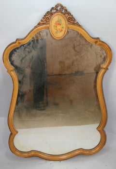 Antique French Curved Mirror with Painted Pediment