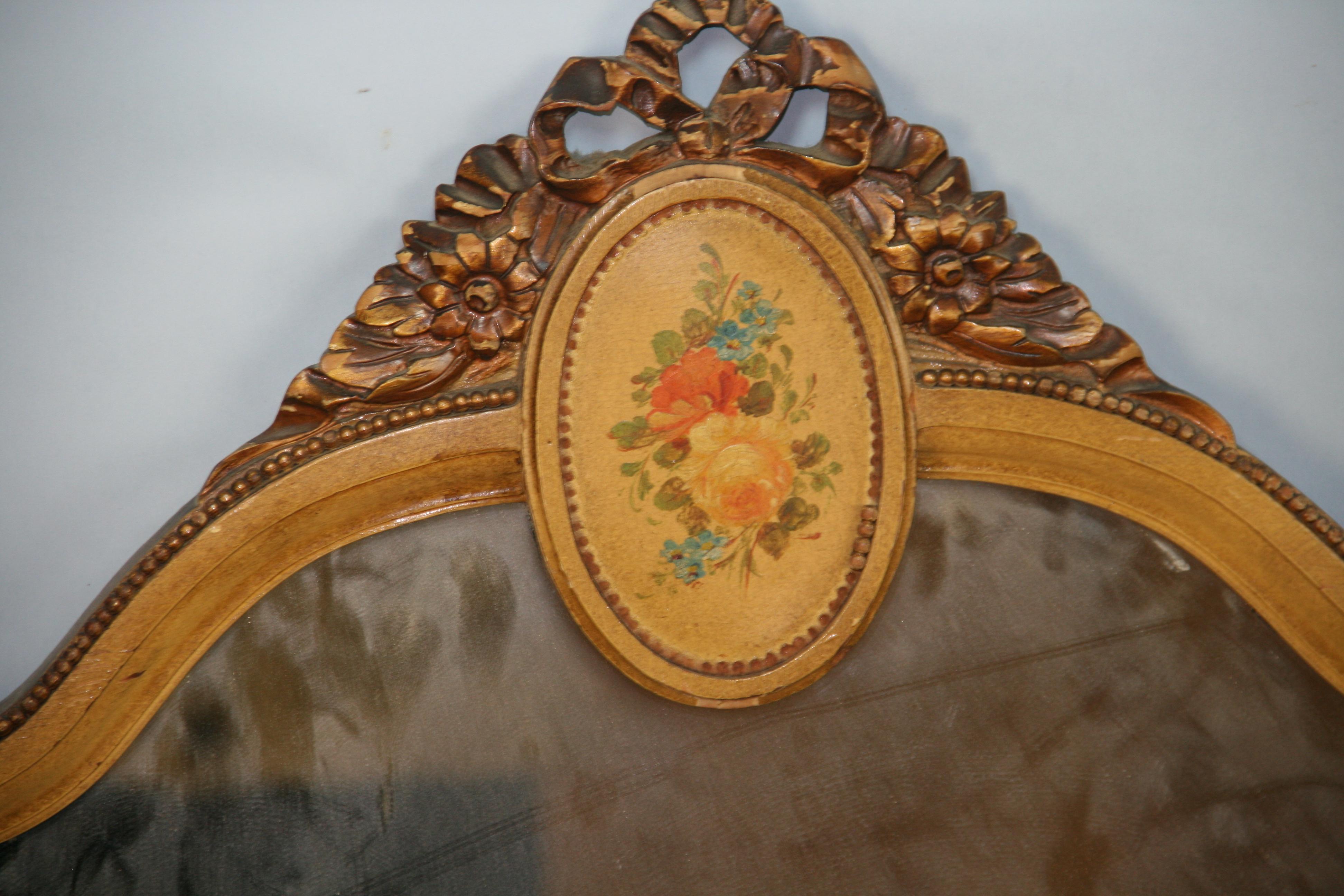 Hardwood French Curved Mirror with Painted Pediment For Sale