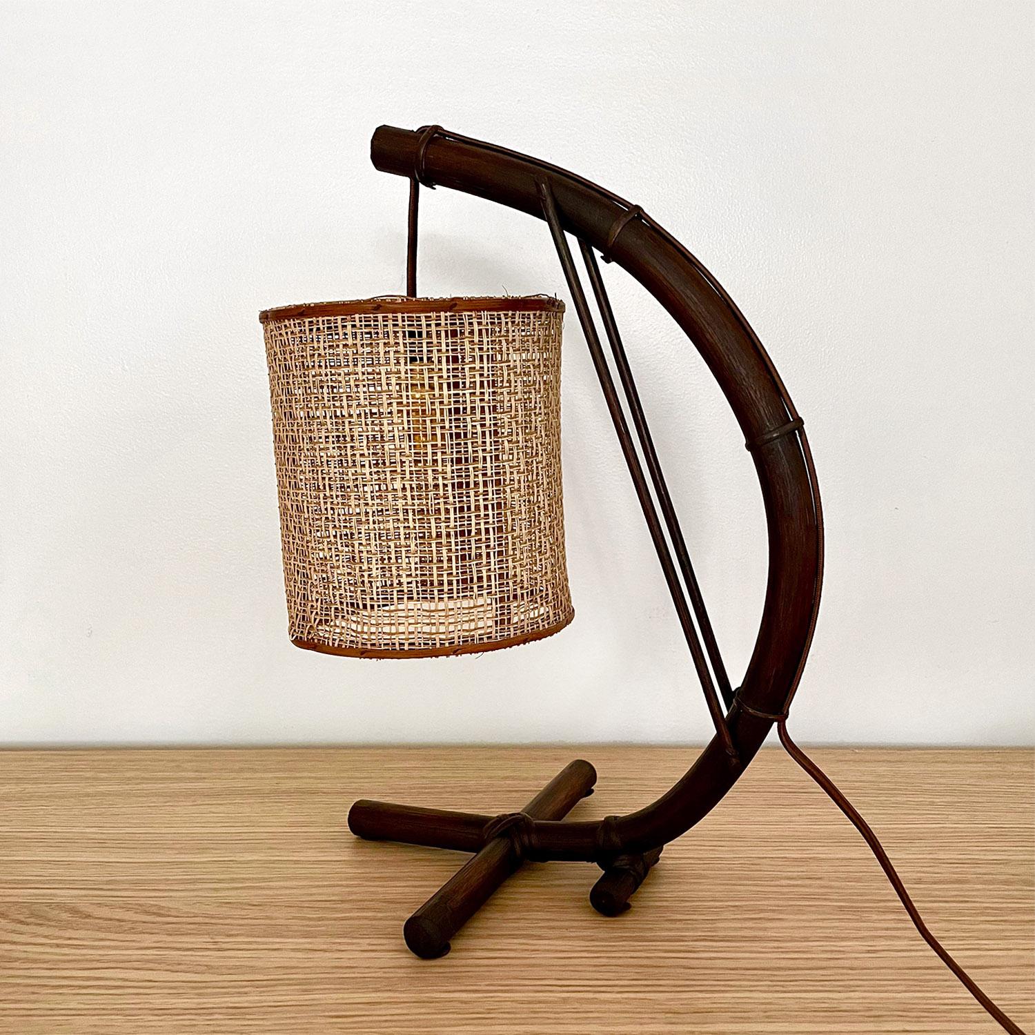 French Curved Moon Rattan Suspension Lamp In Good Condition For Sale In Los Angeles, CA