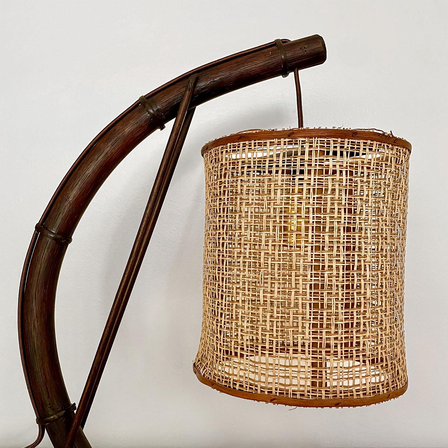 Late 20th Century French Curved Moon Rattan Suspension Lamp For Sale