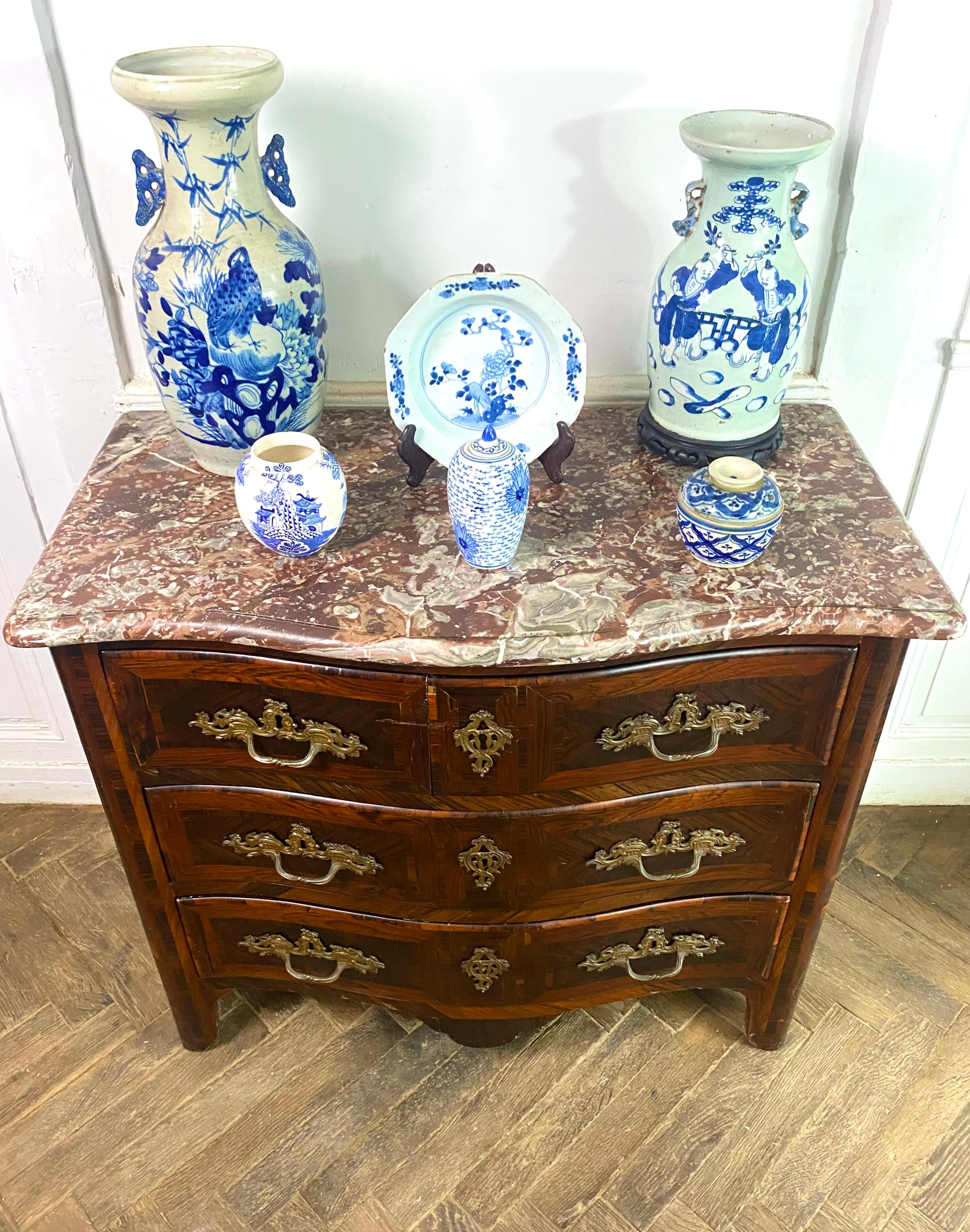 18th Century and Earlier French Curved Regency period Commode Chest of drawers inlaid marble 18th France For Sale