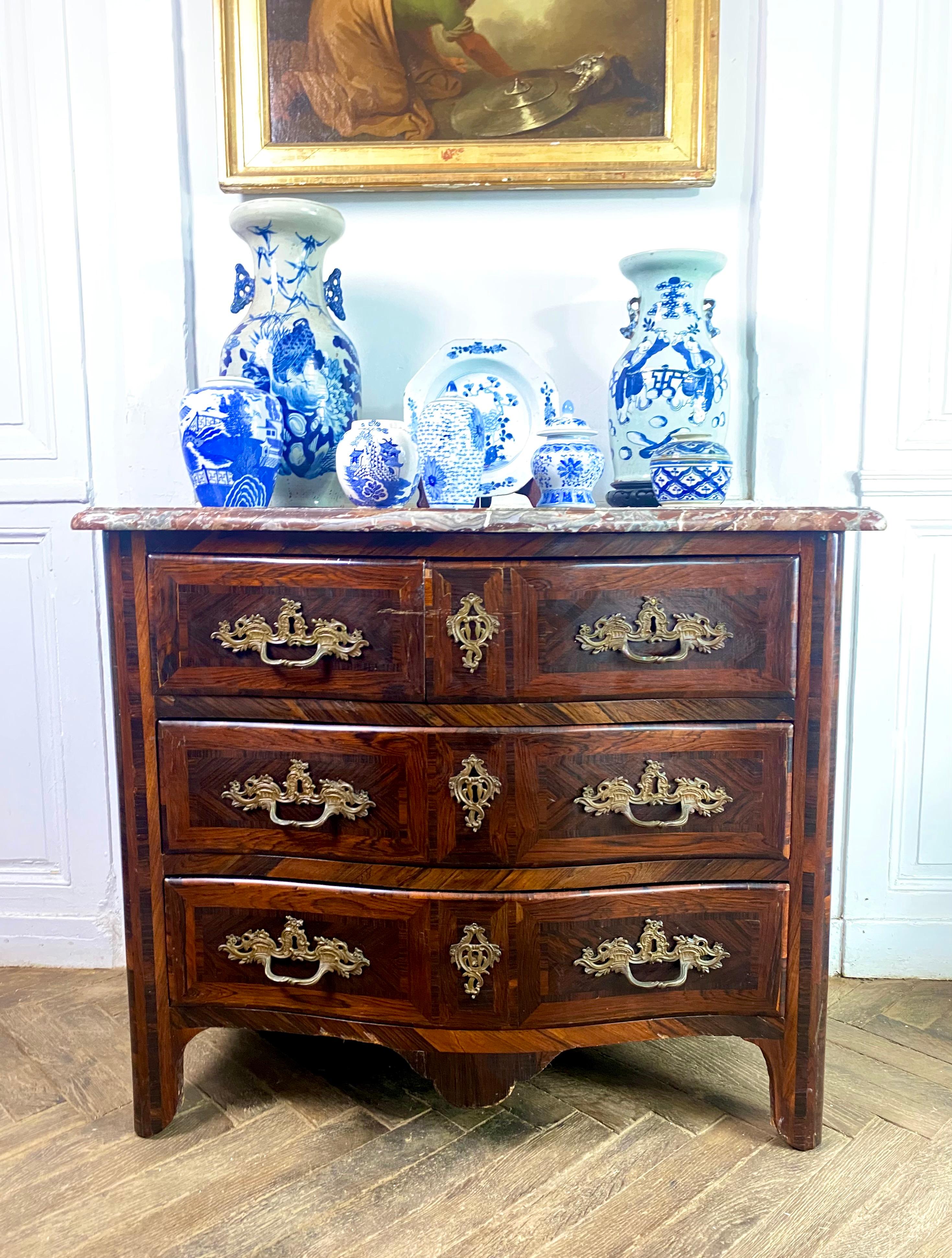 Marble French Curved Regency period Commode Chest of drawers inlaid marble 18th France For Sale