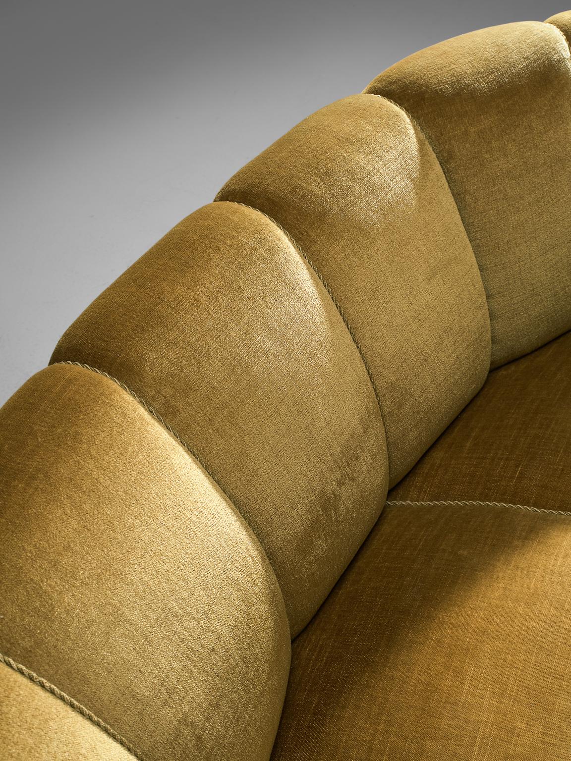 Mid-20th Century French Curved Sofa in Mustard Colored Velvet, 1950s