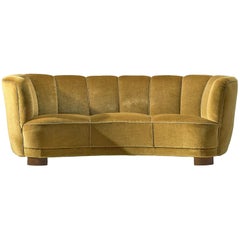 French Curved Sofa in Mustard Colored Velvet, 1950s