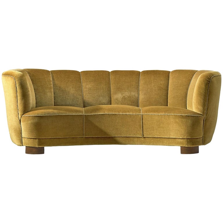 French Curved Sofa in Mustard Colored Velvet, 1950s at 1stDibs