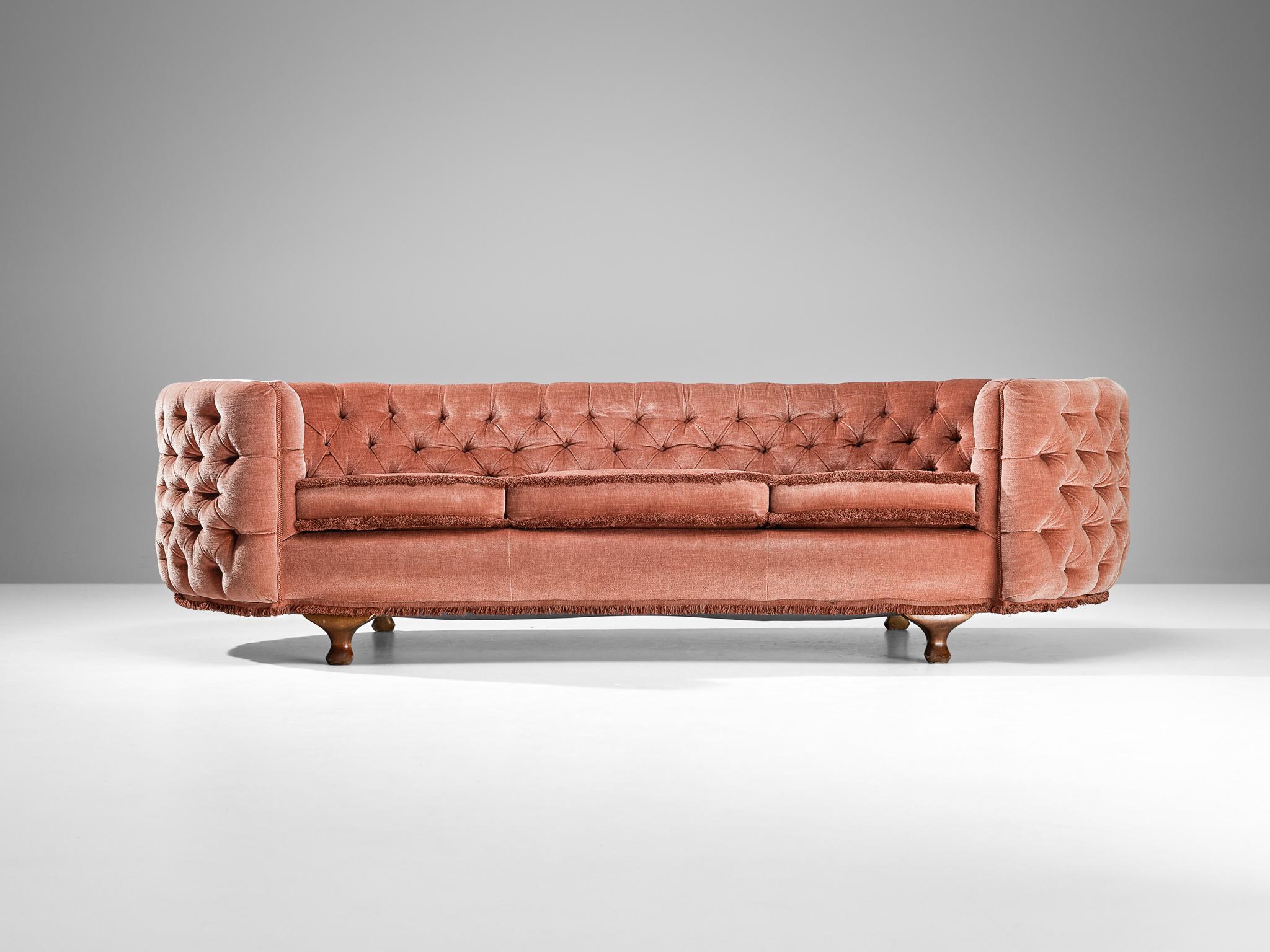 Mid-Century Modern French Curved Sofa in Pink Mohair