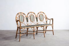 French Curved Wicker Settee with Green and White Stripes