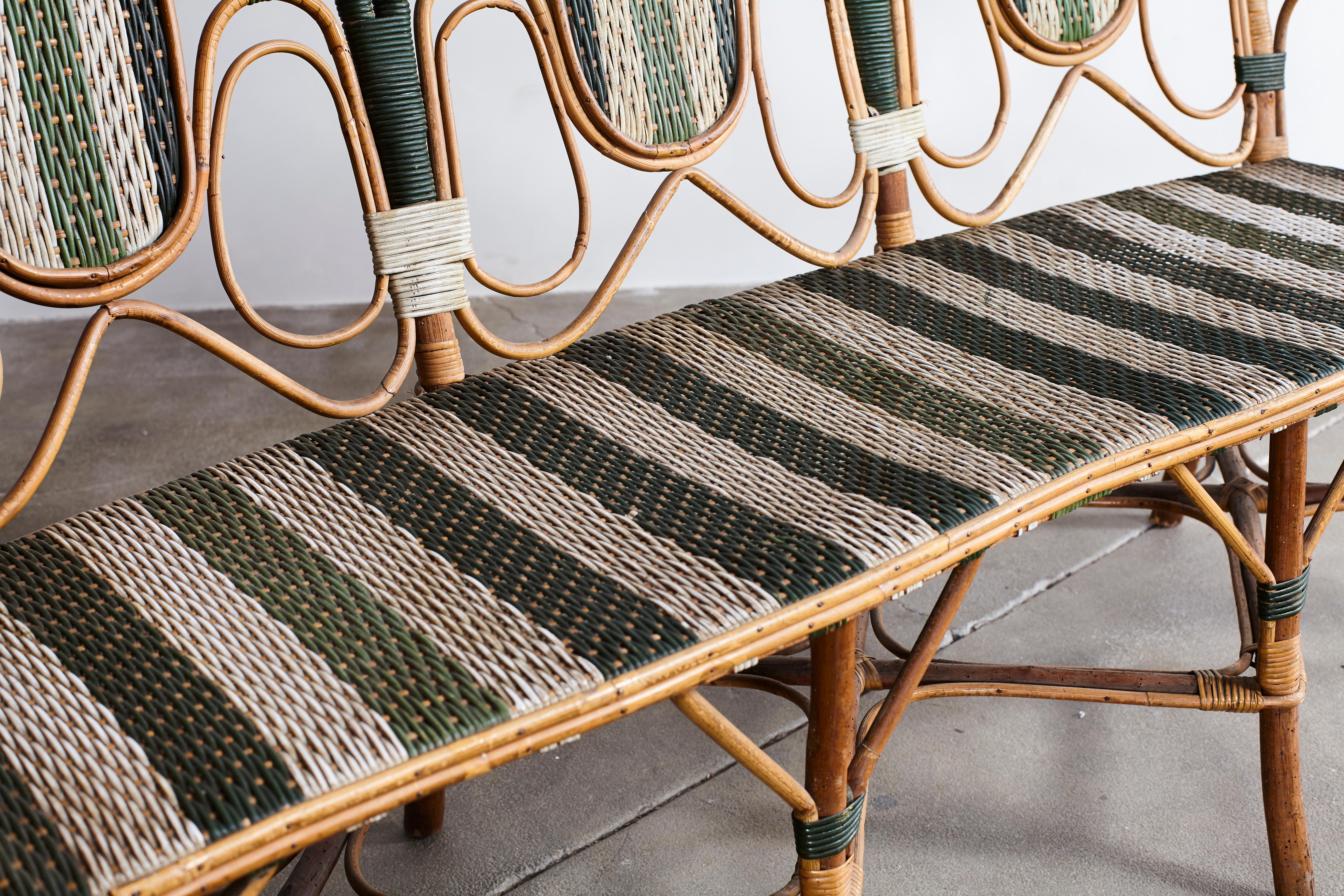 Late 20th Century French Curved Wicker Settee with Green and White Stripes