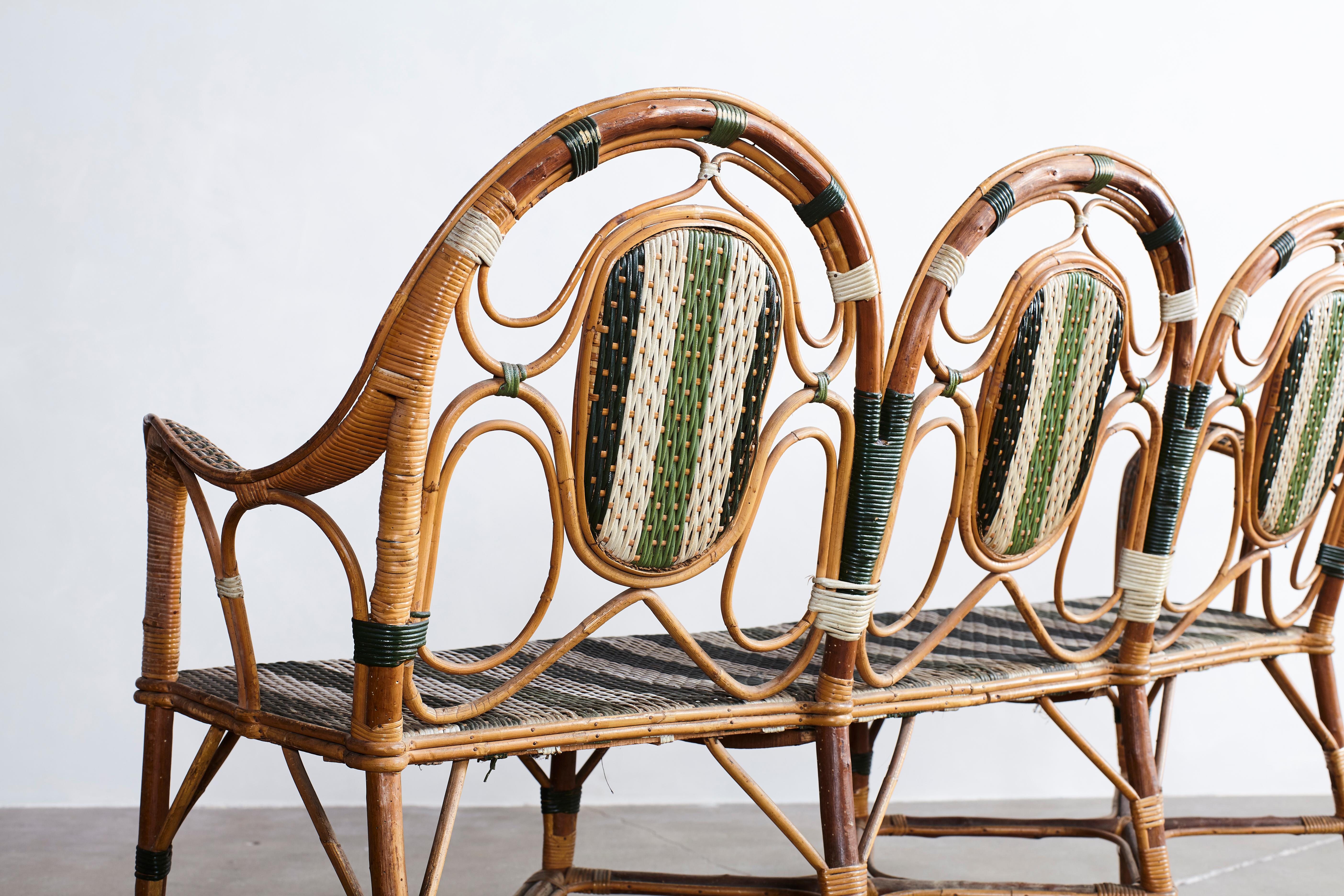 French Curved Wicker Settee with Green and White Stripes 4