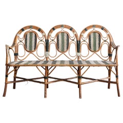 French Curved Wicker Settee with Green and White Stripes