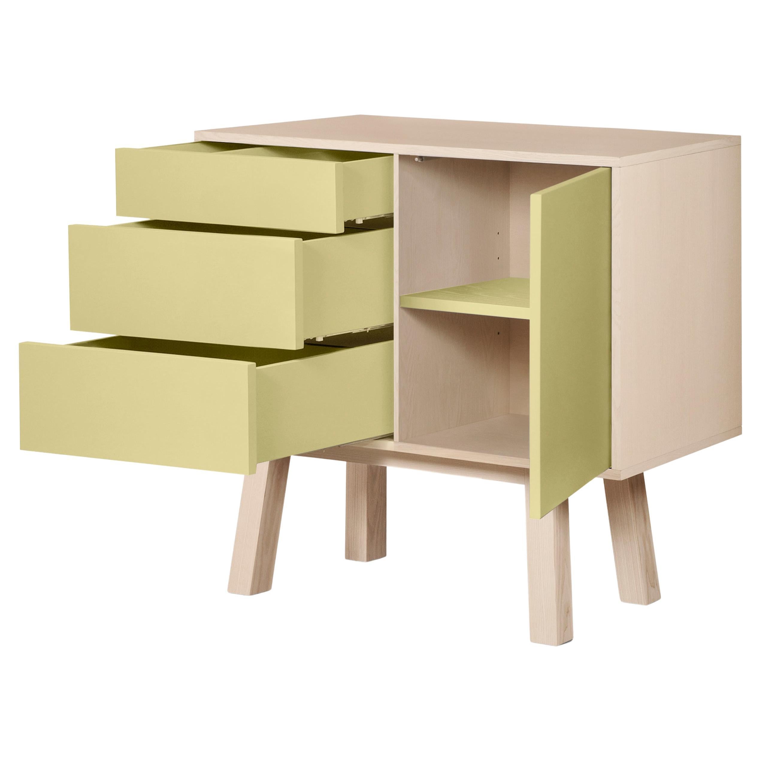 Amarillo artesanal francés personalizable  Aparador de madera de 1 puerta y 3 cajones