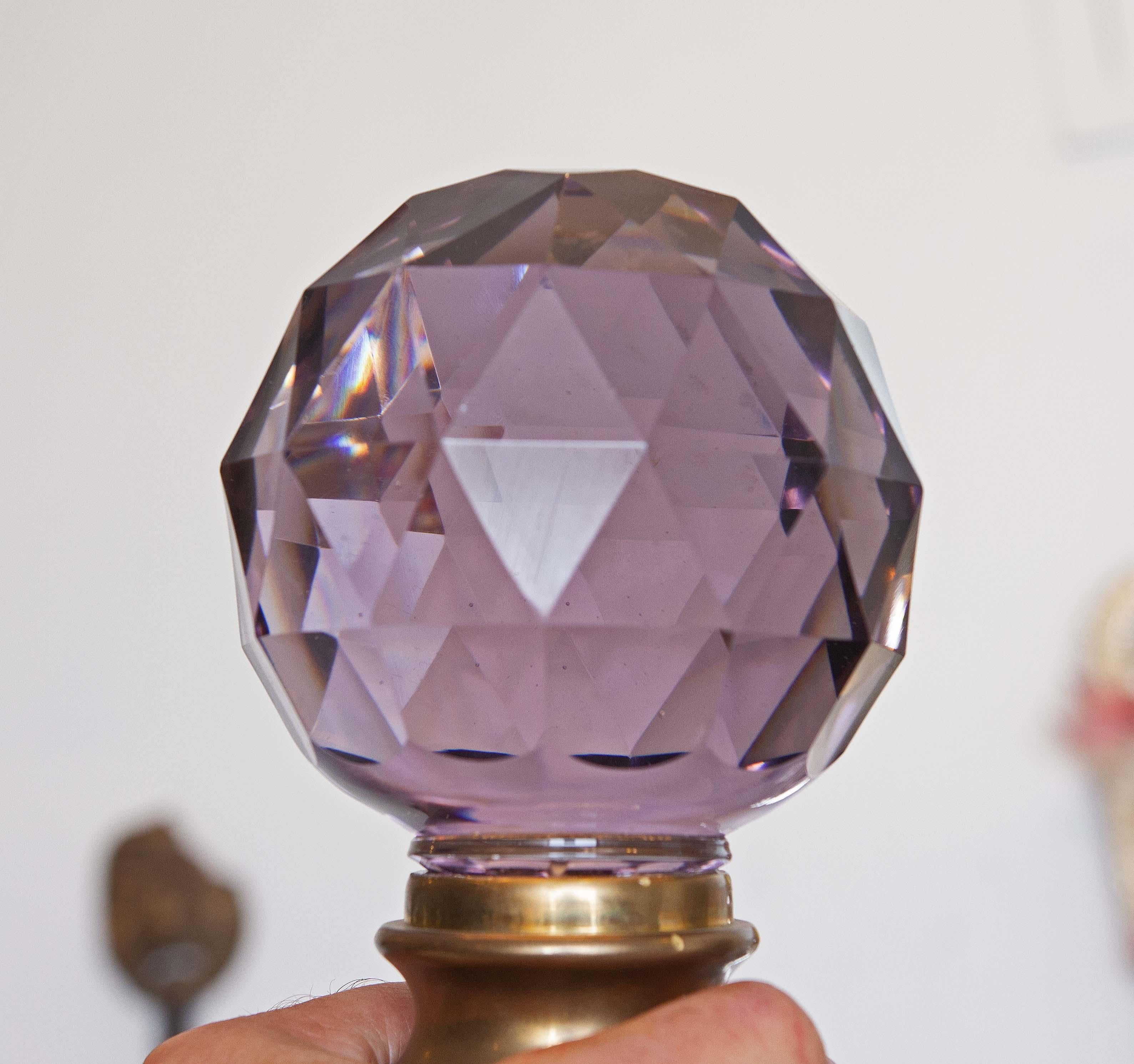 French faceted aubergine crystal newel post finial. Very unusual color. Early 20th century. From an estate collection.