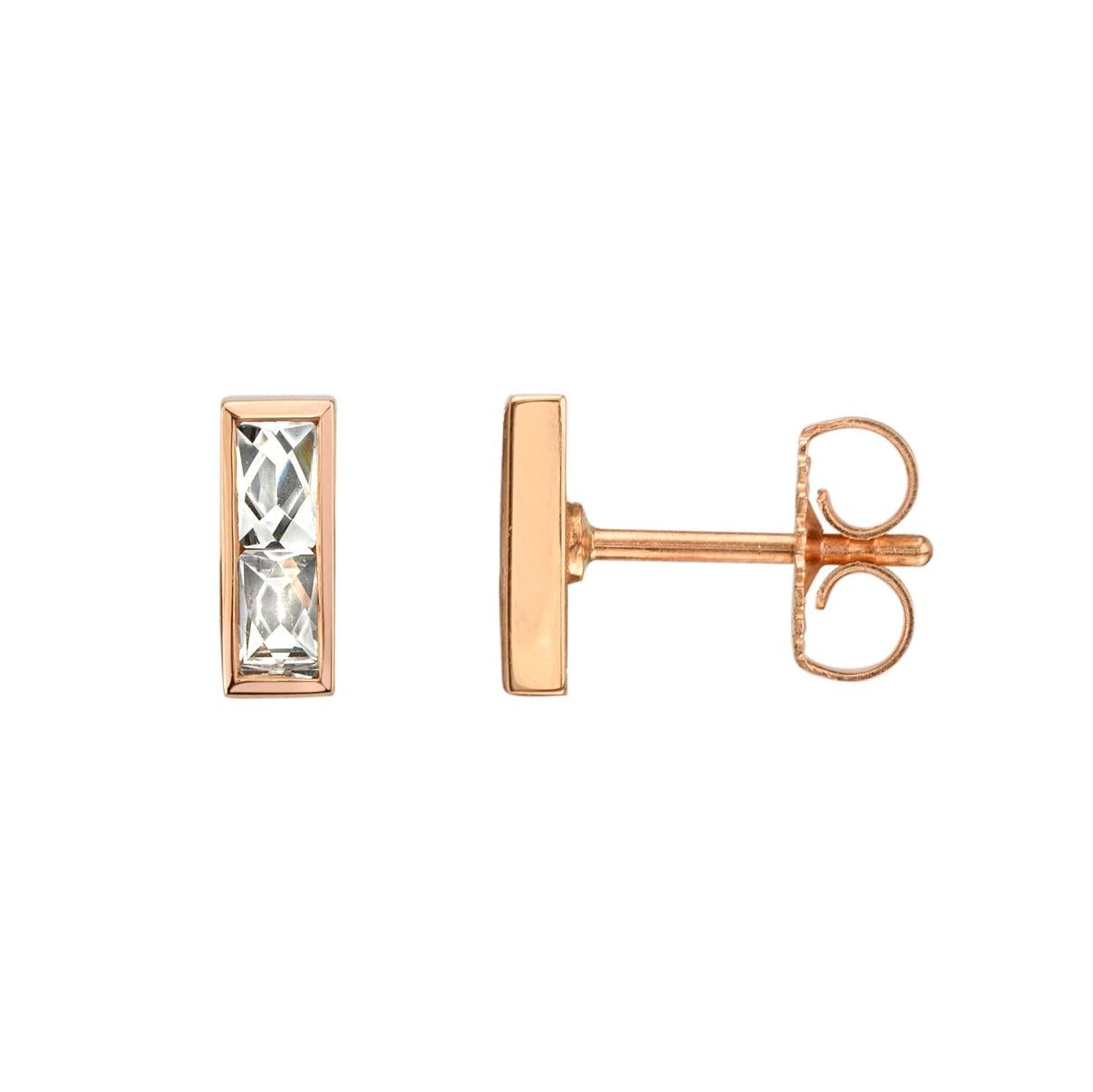 Approximately 0.45ctw G-H/VS French cut diamonds set in handcrafted 18K gold bar earrings. Available in 18k yellow or rose gold.

Please inquire about metal color, and customization.

Our jewelry is made locally in Los Angeles and most pieces are