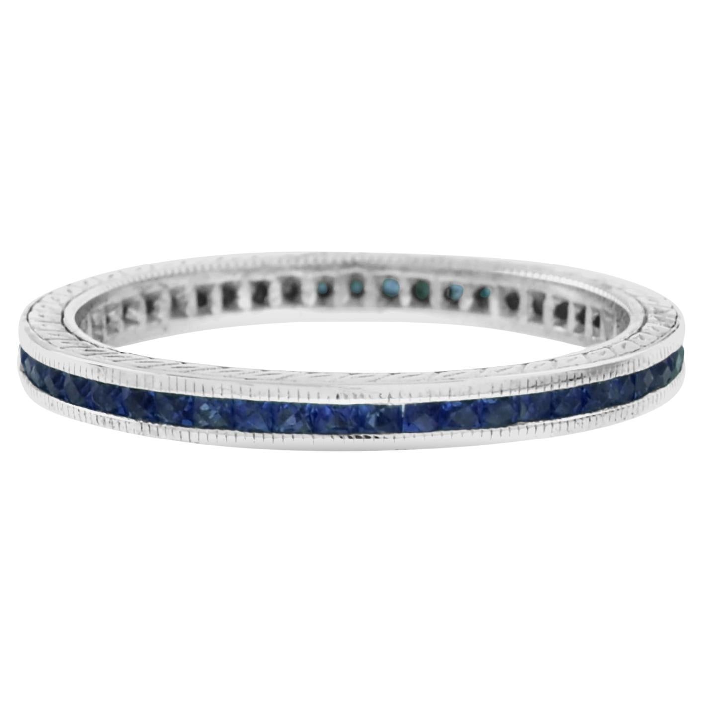French Cut Blue Sapphire Art Deco Style Channel Set Eternity Band 14K White Ring