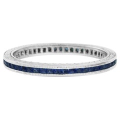 French Cut Blue Sapphire Art Deco Style Channel Set Eternity Band 14K White Ring