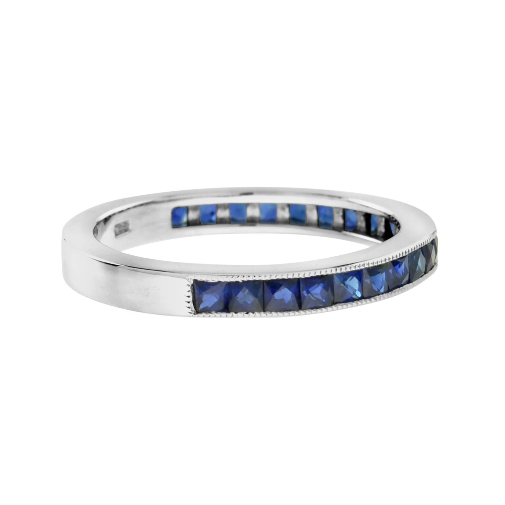 Art déco French Cut Blue Sapphire Channel Set Half Eternity 14K White Gold Ring en vente