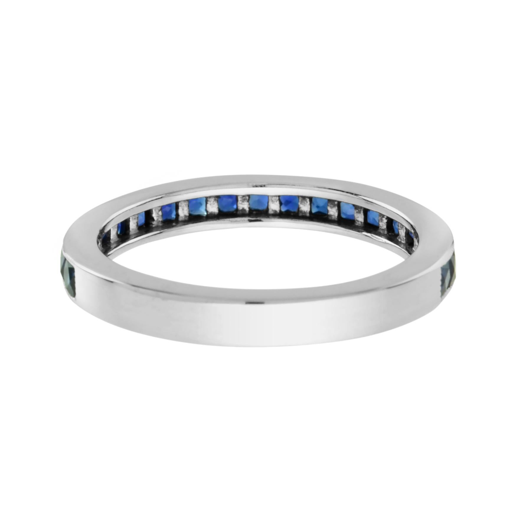 Taille française French Cut Blue Sapphire Channel Set Half Eternity 14K White Gold Ring en vente