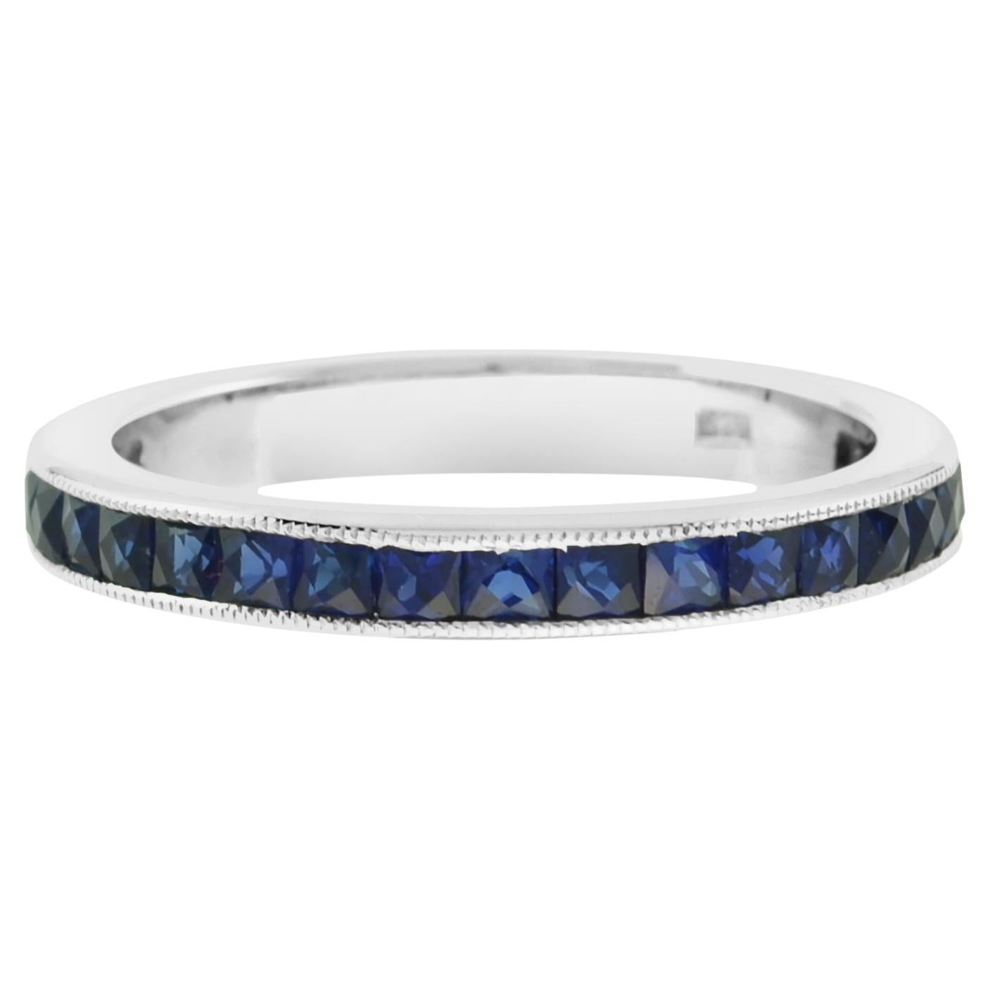 French Cut Blue Sapphire Channel Set Half Eternity 14K White Gold Ring en vente