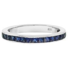 French Cut Blue Sapphire Channel Set Half Eternity 14K White Gold Ring