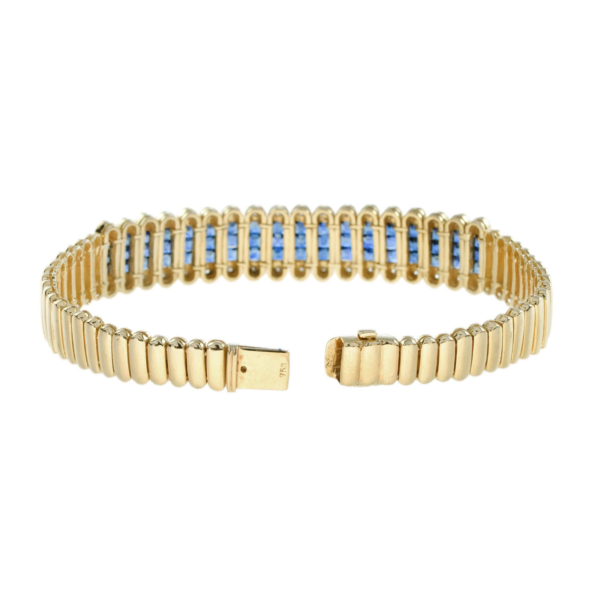 Art Deco French Cut Blue Sapphire & Diamond 18K Yellow Gold Unique Bracelet For Sale
