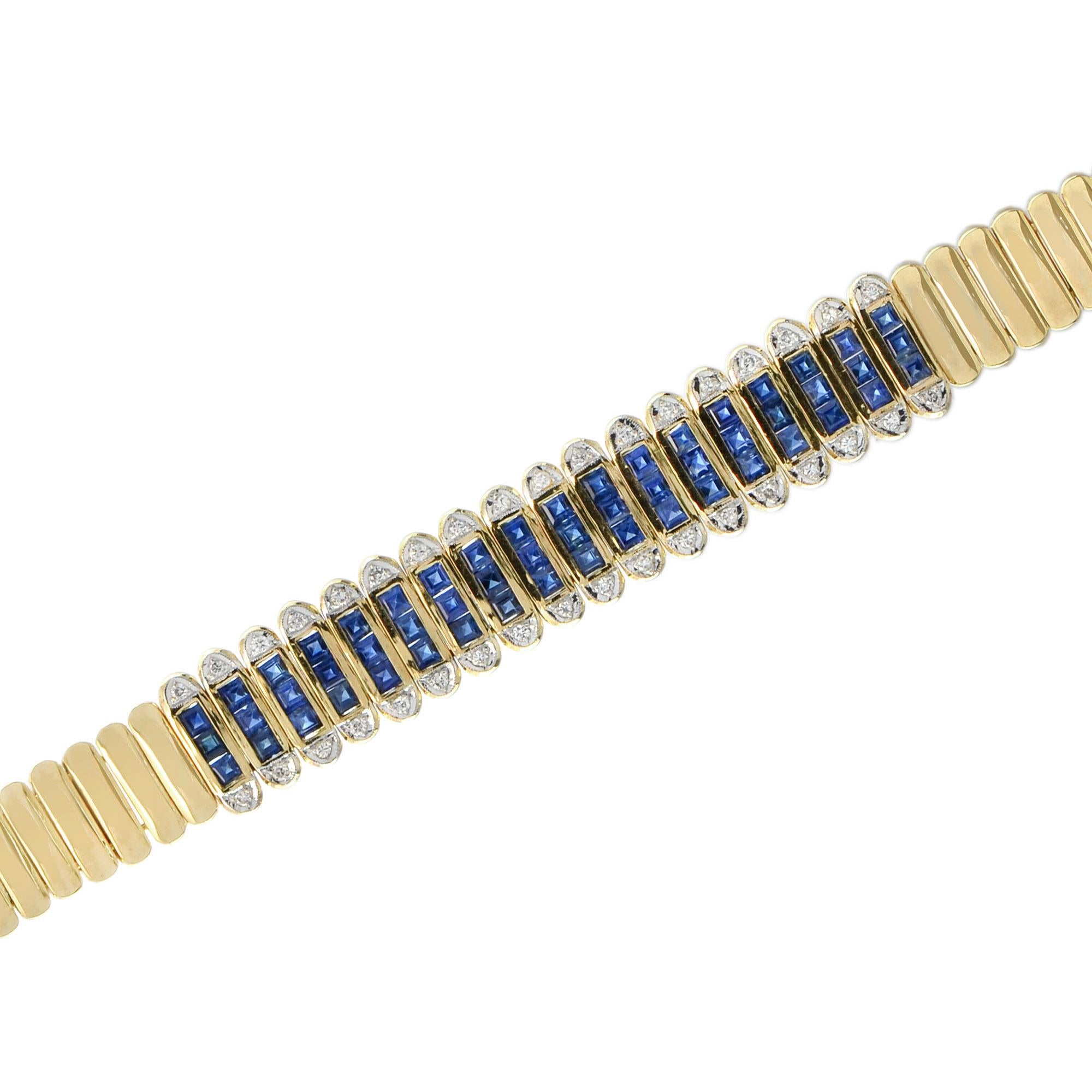 French Cut Blue Sapphire & Diamond 18K Yellow Gold Unique Bracelet In New Condition For Sale In Oakton, VA