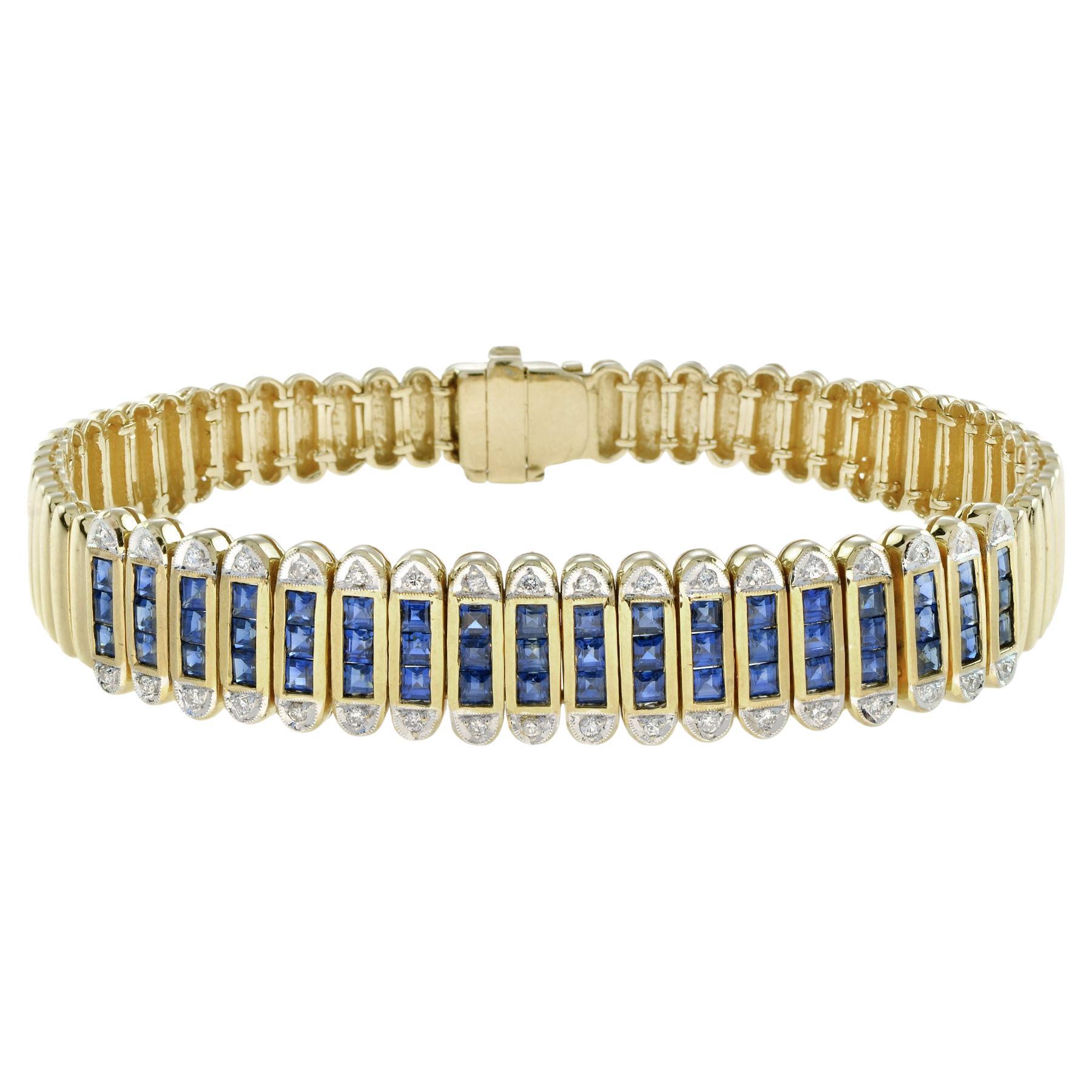 French Cut Blue Sapphire & Diamond 18K Yellow Gold Unique Bracelet For Sale