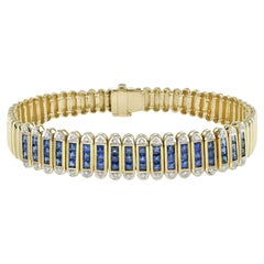 French Cut Blue Sapphire & Diamond 18K Yellow Gold Unique Bracelet