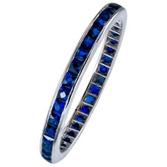 Vintage French Cut Blue Sapphires Platinum Eternity Ring Size 7