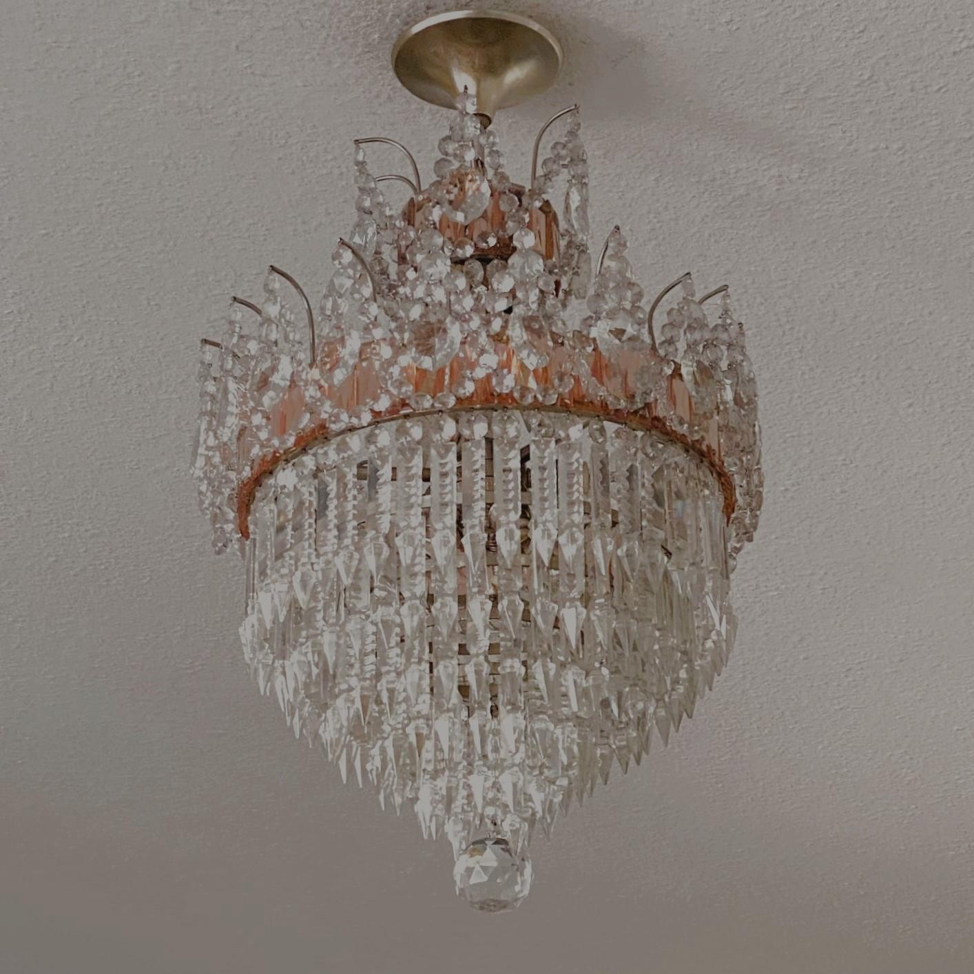 Faceted French Cut Clear Pink Crystal Waterfall Seven-Light Flush Mount Chandelier 1930s For Sale