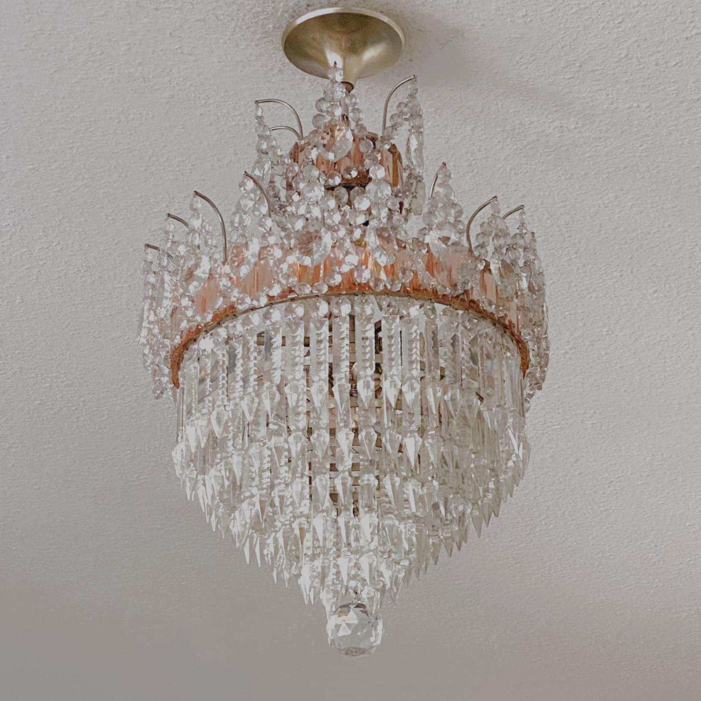 French Cut Clear Pink Crystal Waterfall Seven-Light Flush Mount Chandelier 1930s For Sale 1