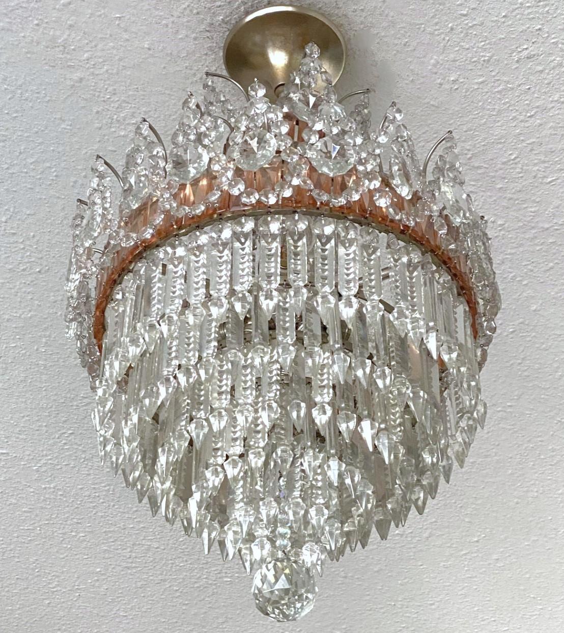 20th Century French Cut Clear Pink Crystal Waterfall Seven-Light Flush Mount Chandelier 1930s For Sale