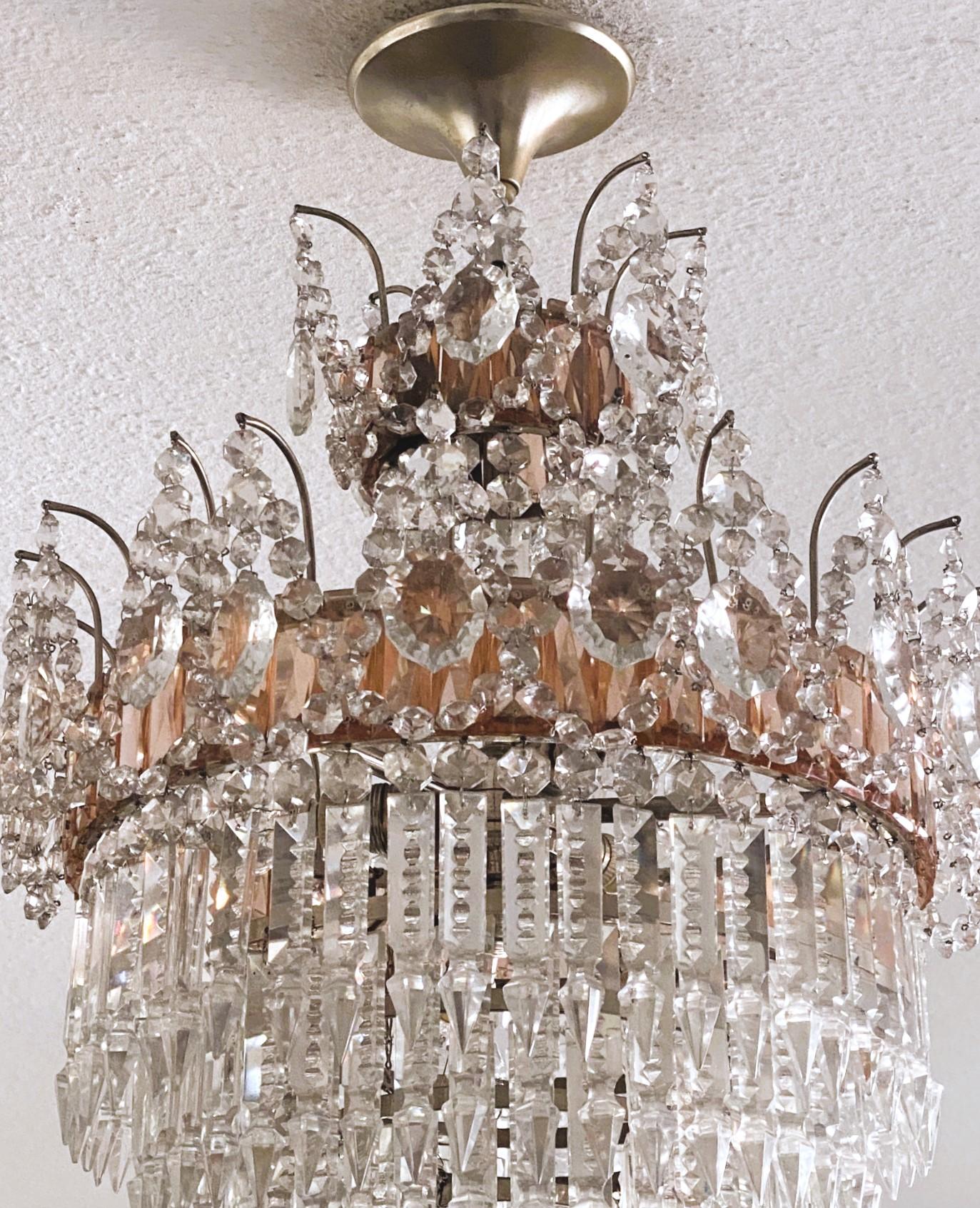 French Cut Clear Pink Crystal Waterfall Seven-Light Flush Mount Chandelier 1930s im Angebot 2