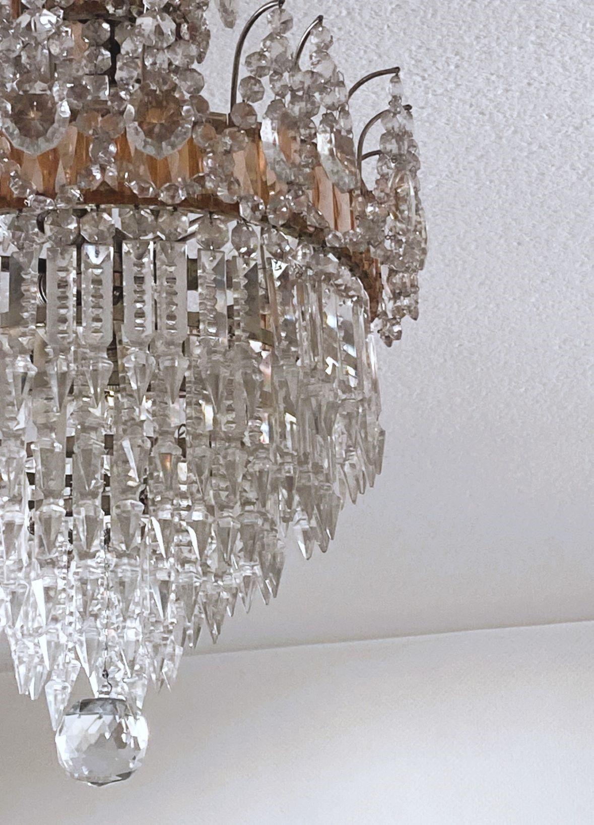 French Cut Clear Pink Crystal Waterfall Seven-Light Flush Mount Chandelier 1930s im Angebot 1