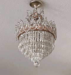 French Cut Clear Pink Crystal Waterfall Seven-Light Flush Mount Chandelier 1930s