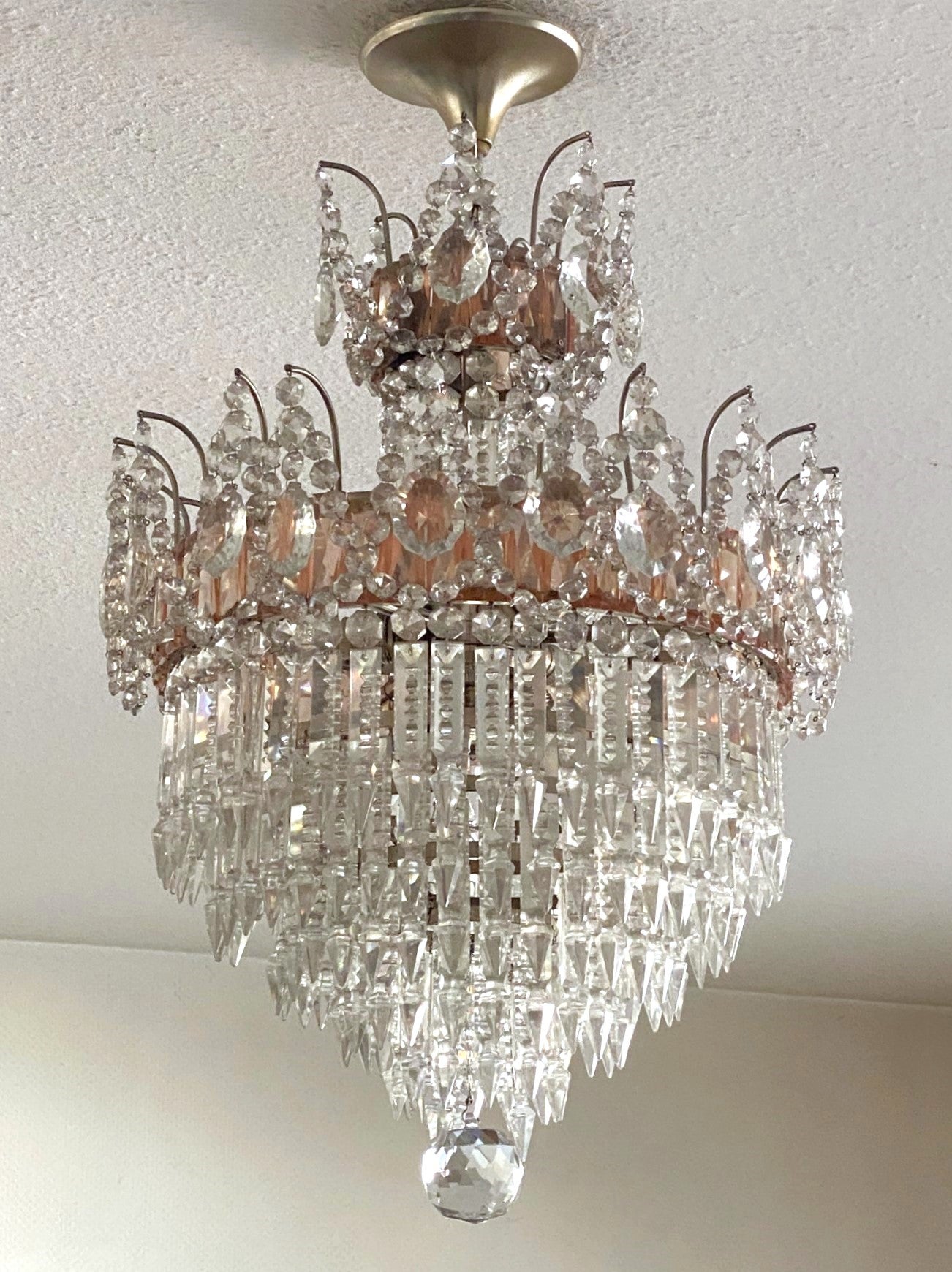 Art Deco French Cut Clear Pink Crystal Waterfall Seven-Light Flush Mount Chandelier 1930s For Sale