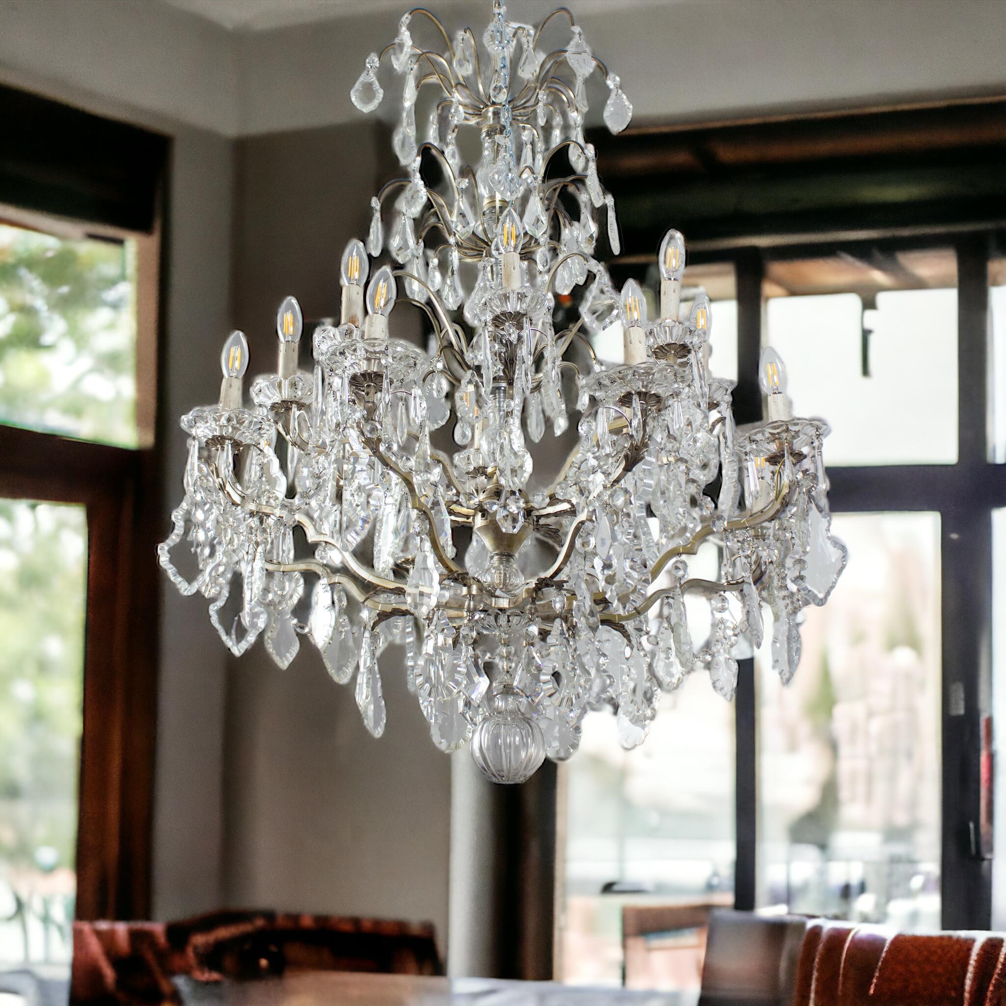 Bronze French Cut- Crystal  16 Light Chandelier, 19th Century For Sale