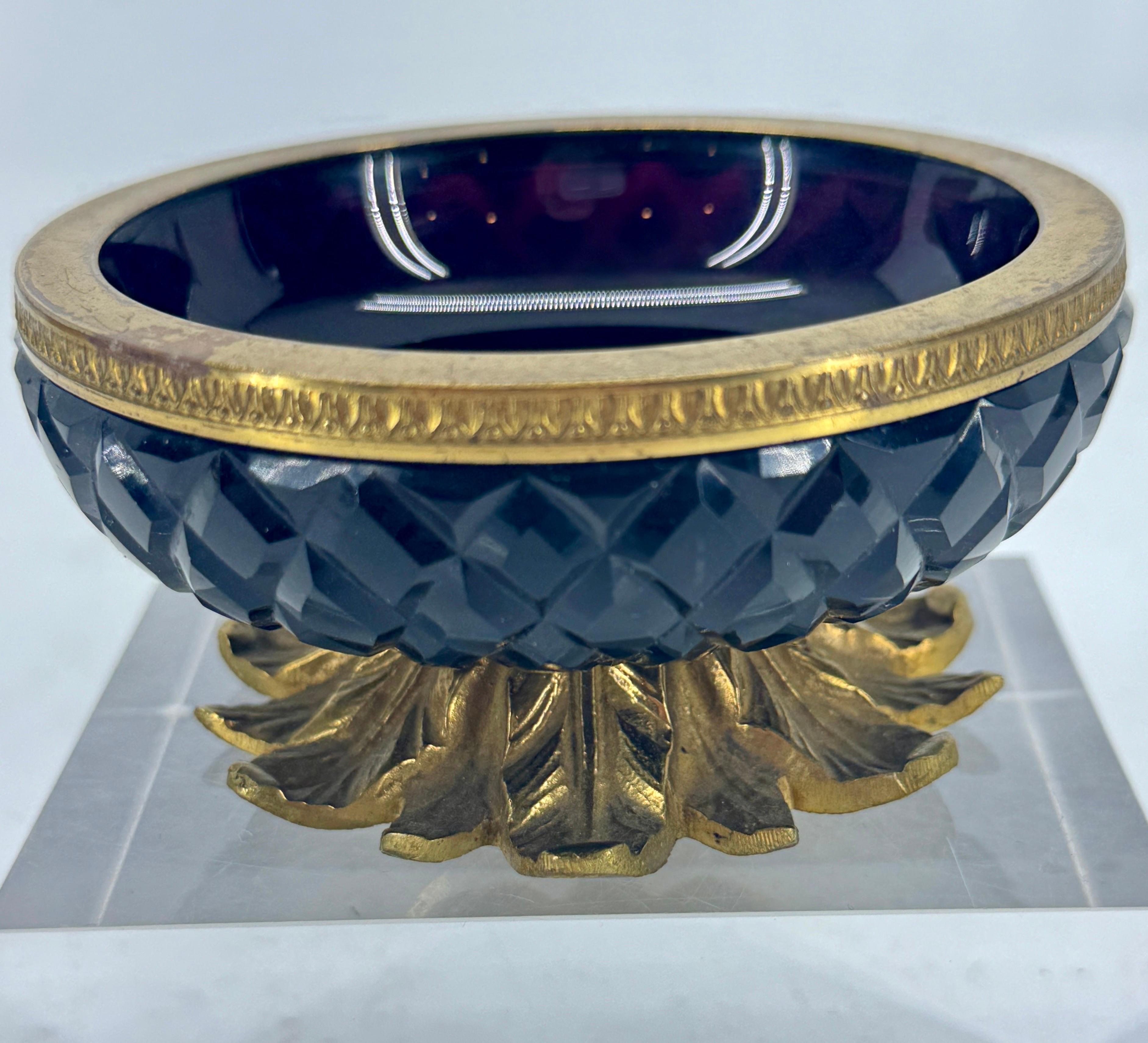 French Cut Crystal Amethyst Glass Bowl Gilt Bronze Empire For Sale 11