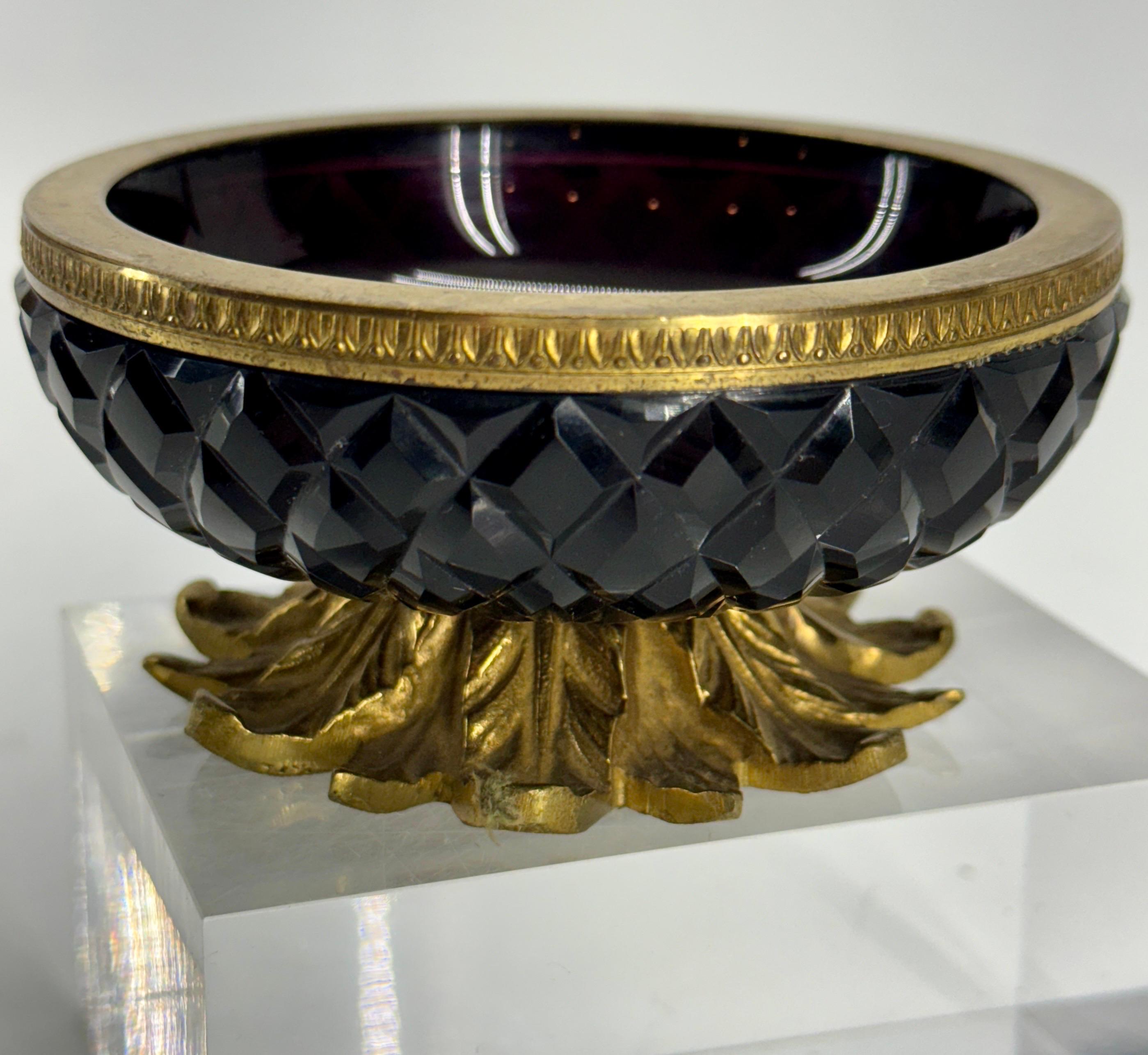 French Cut Crystal Amethyst Glass Bowl Gilt Bronze Empire For Sale 4