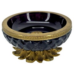 Antique French Cut Crystal Amethyst Glass Bowl Gilt Bronze Empire