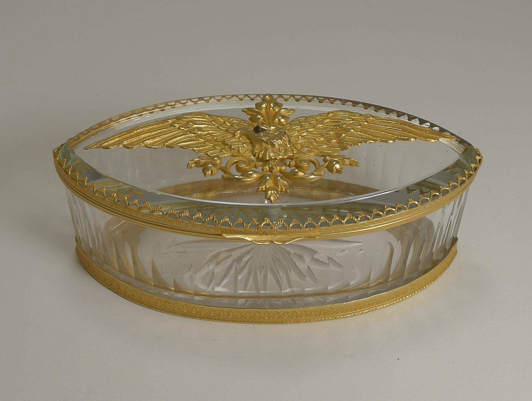 Early 20th Century French Cut Crystal and Ormolu Box, Gilded Eagle, circa 1900 For Sale