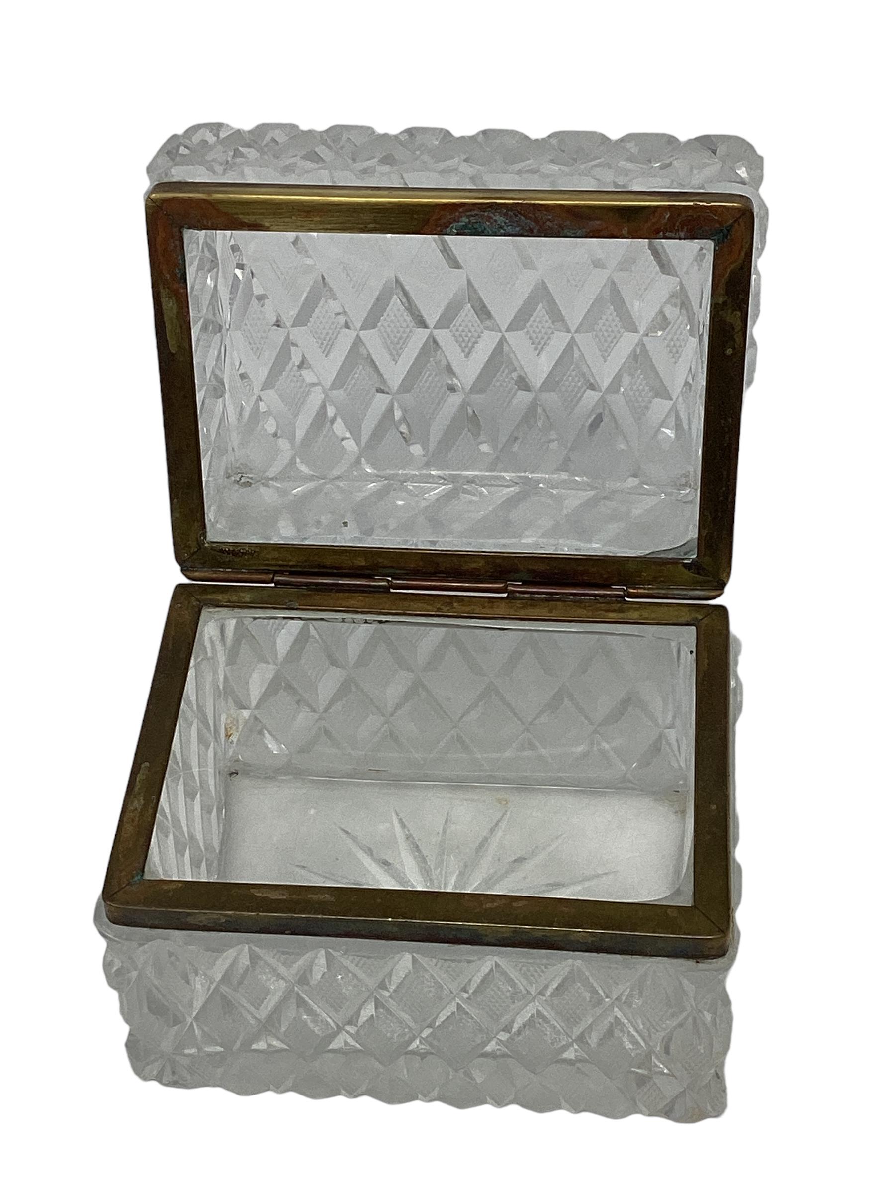 French Cut Crystal Box with Diamond Cut Pattern and brass mounts. Faceted etched design accentuates the beautiful design of this box. In very good vintage condition.