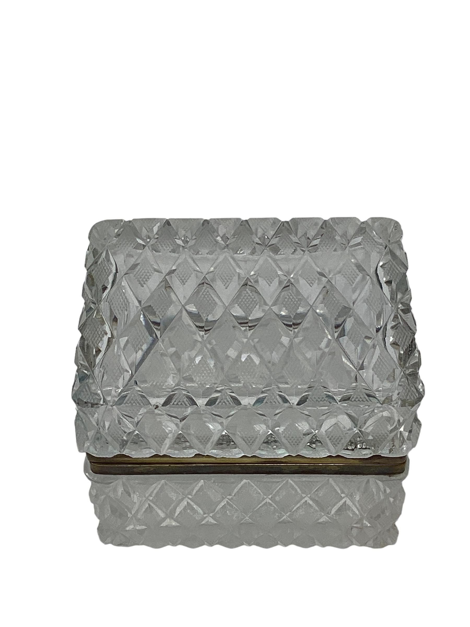 Brass French Cut Crystal Box with Diamond Cut Pattern  For Sale
