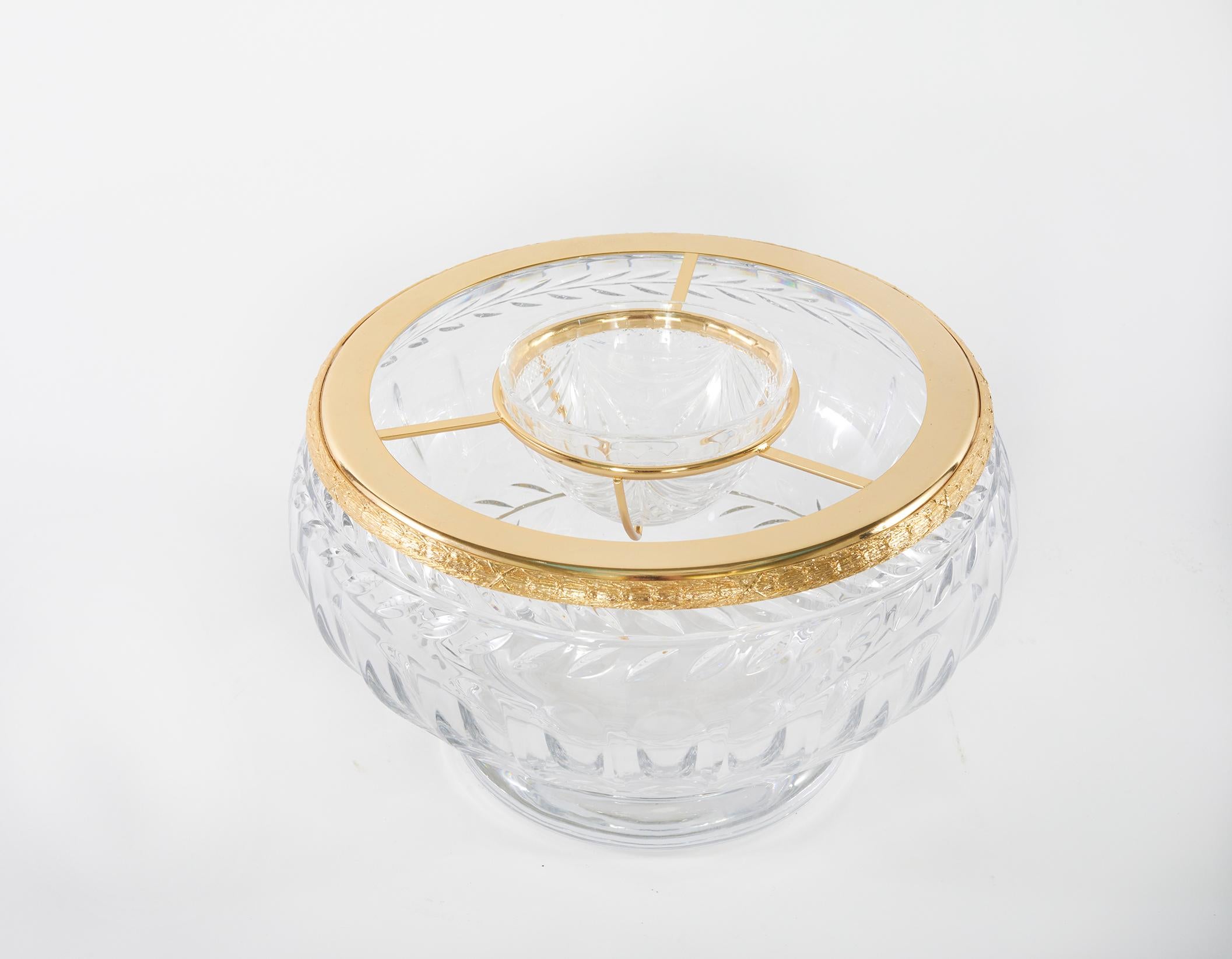 French cut crystal gilt bronze mounted caviar service, the caviar service is in great condition. Minor shelve wear underneath consistent with age / use. The inner bowl is about 4.5 inches diameter X 2.5 inches tall. The outer bowl is 10.2 inches