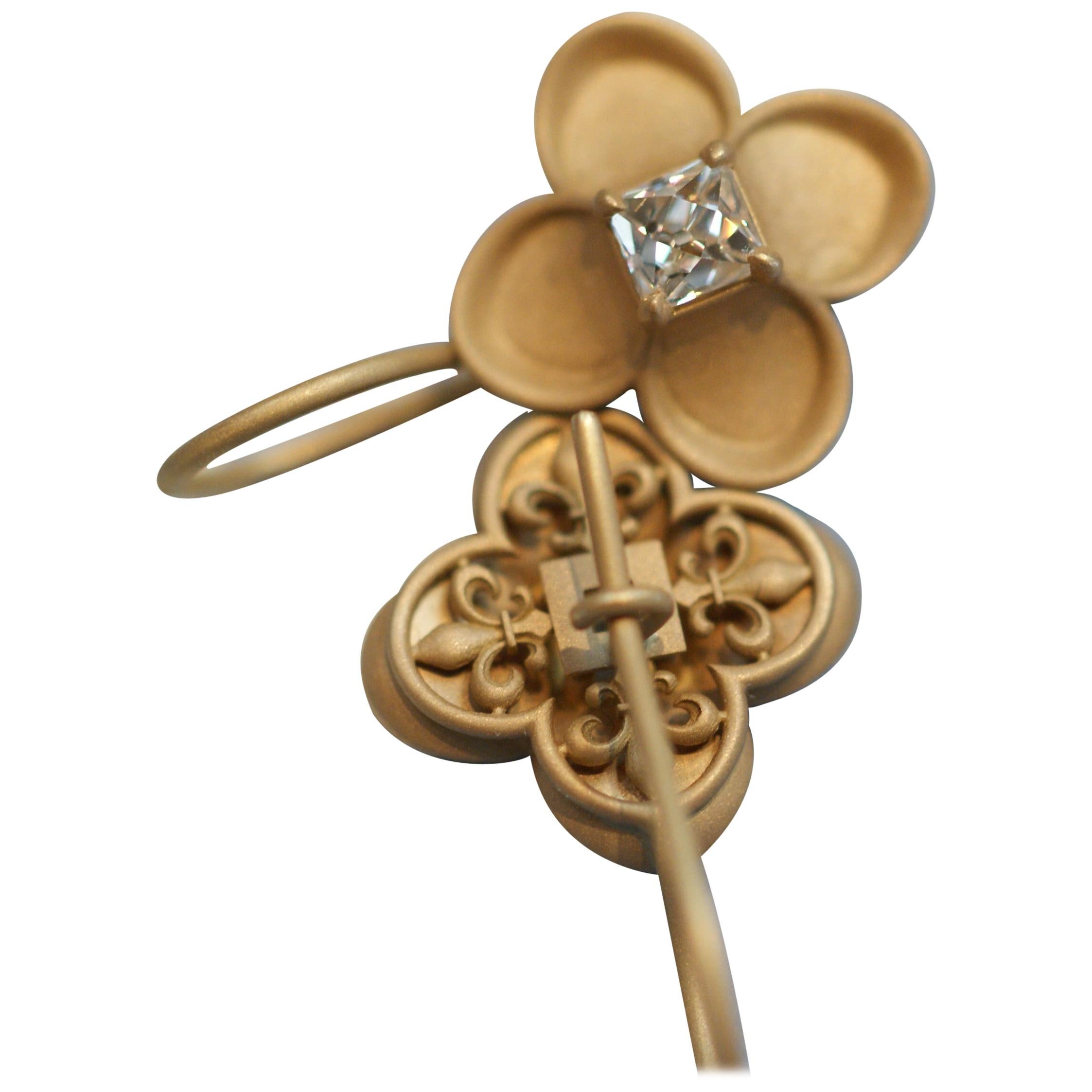 French-Cut Diamond and 18 Karat Gold Renaissance Revival 'Fleur de Lys' Earrings For Sale