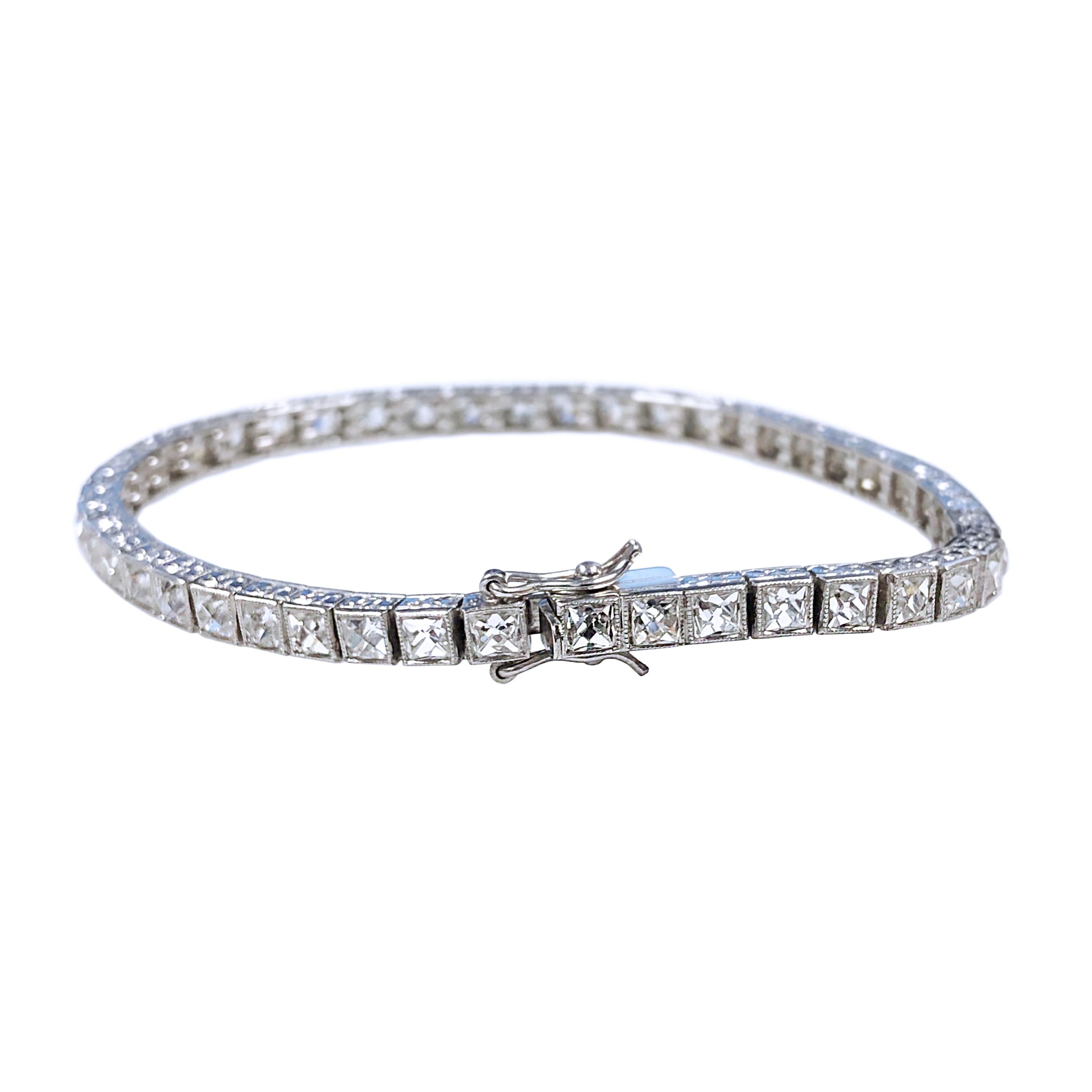 French Cut Diamond and Platinum Line Bracelet In Excellent Condition In Chicago, IL