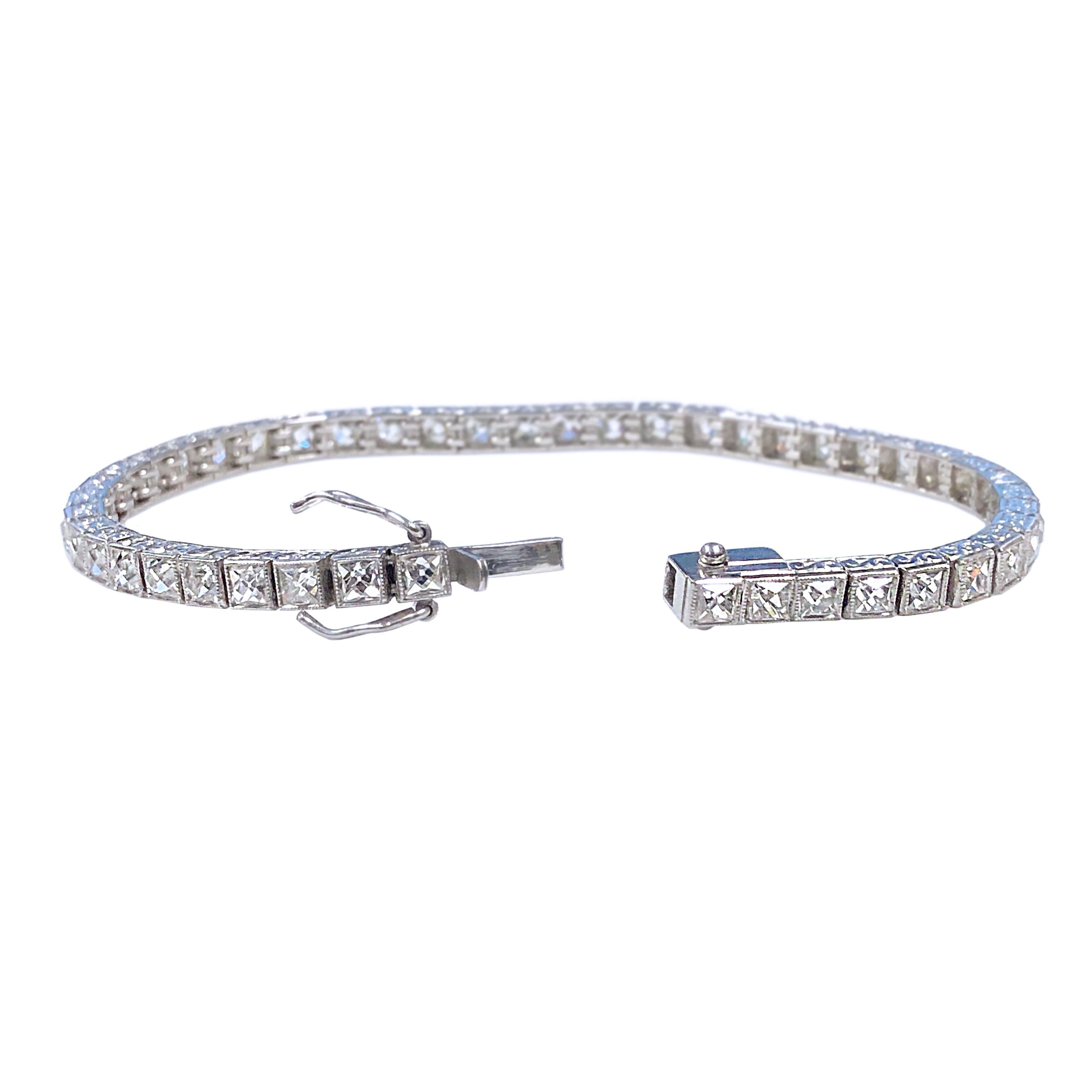 Women's or Men's French Cut Diamond and Platinum Line Bracelet
