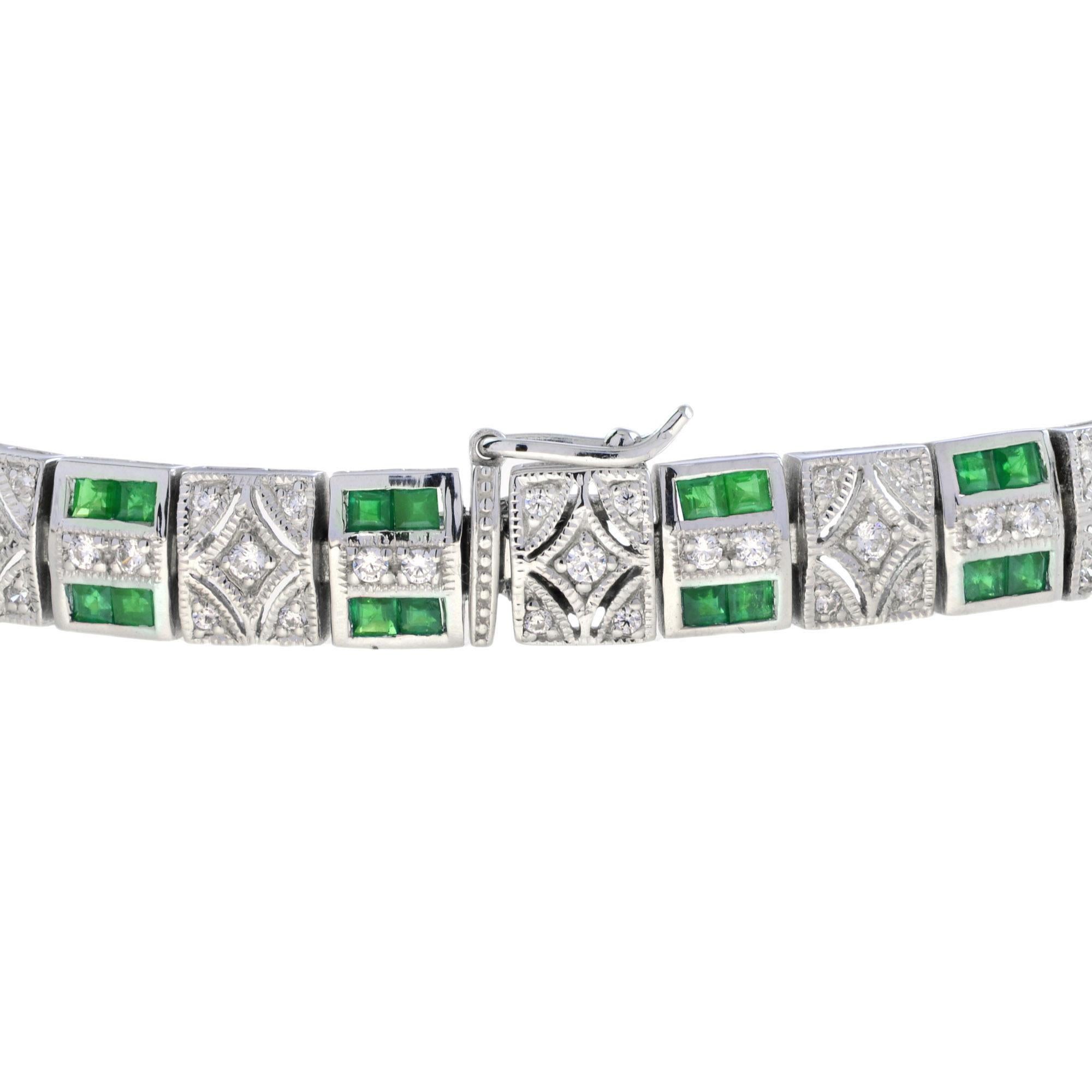 Round Cut French Cut Emerald and Diamond Art Deco Style Link Bracelet in 18K White Gold For Sale