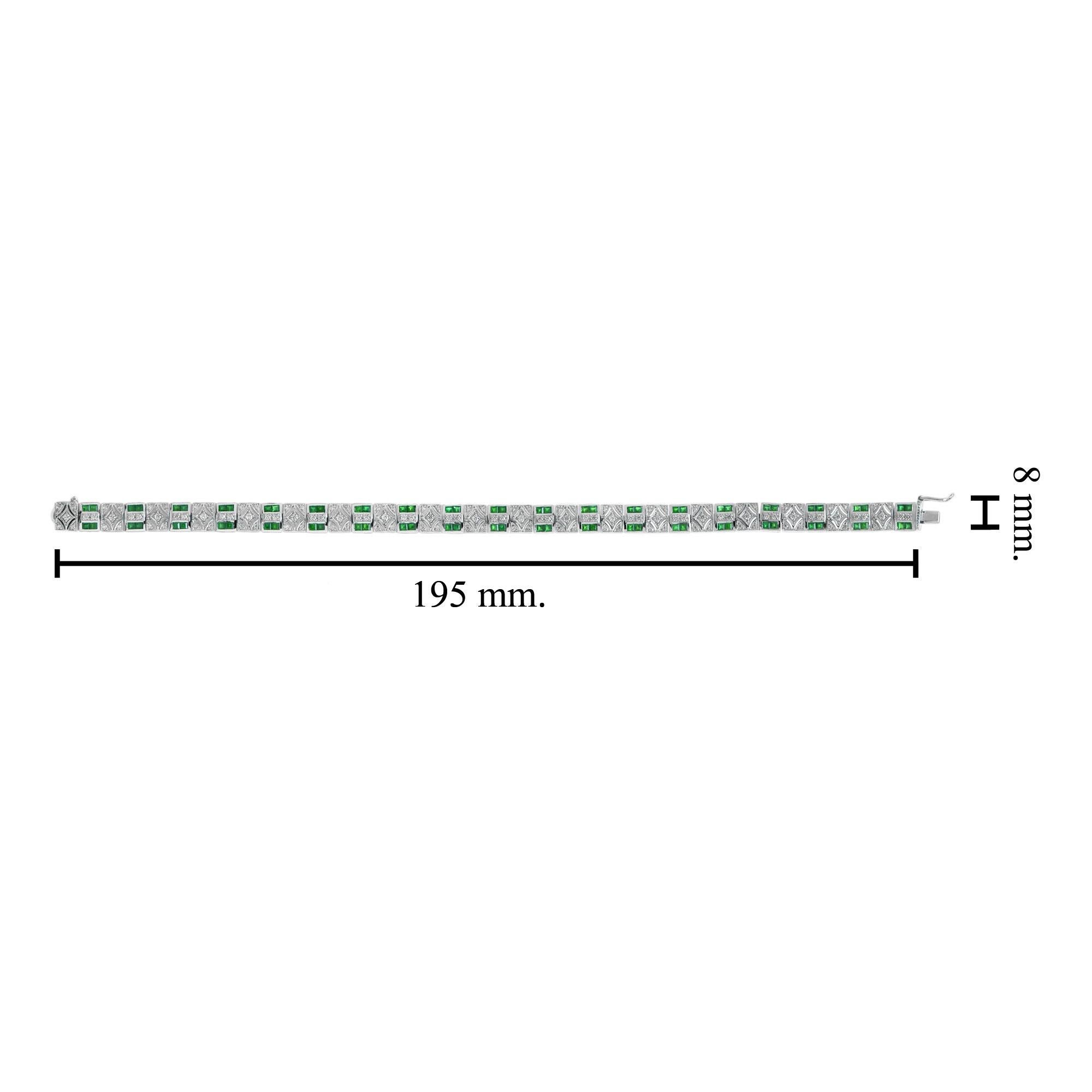 Women's French Cut Emerald and Diamond Art Deco Style Link Bracelet in 18K White Gold For Sale