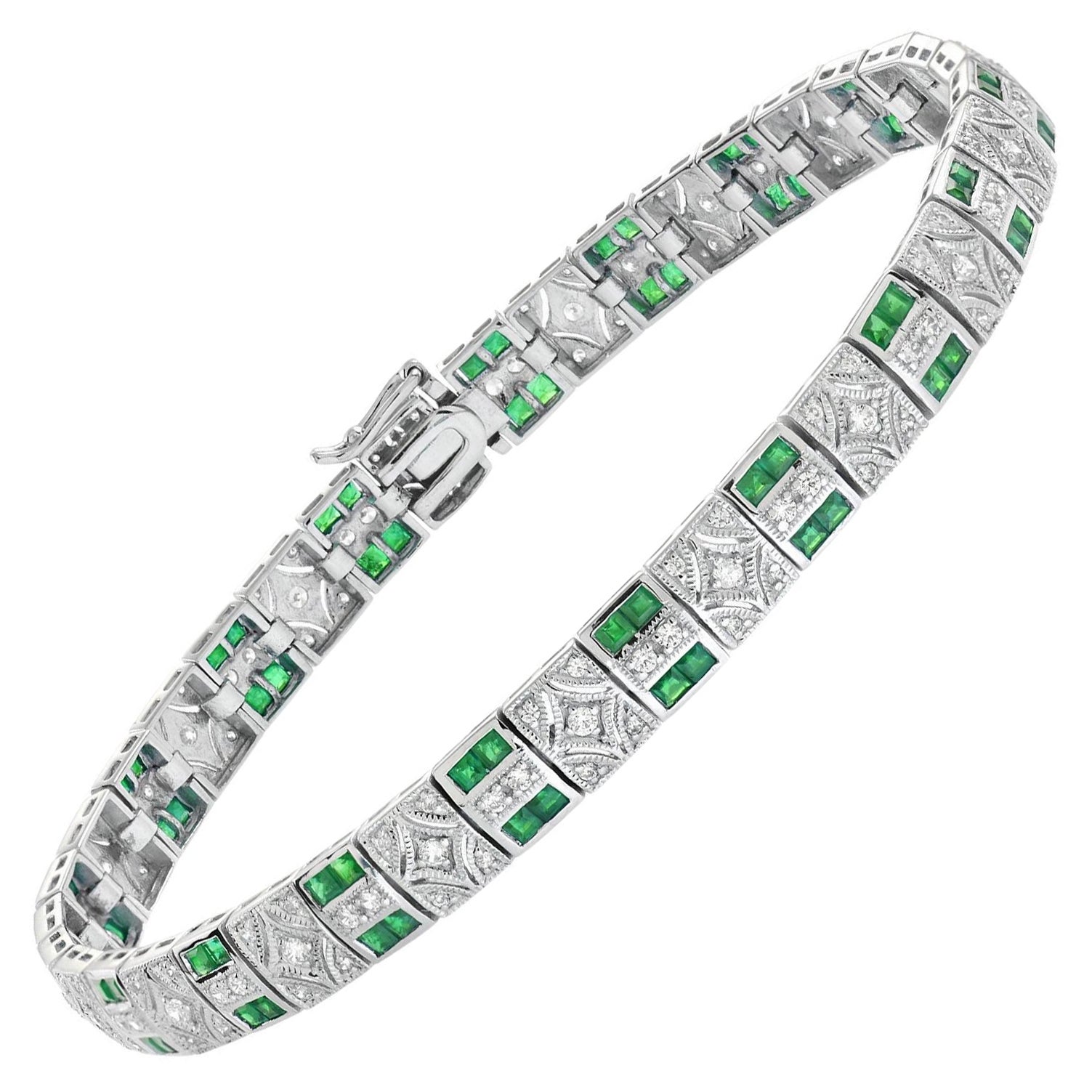 Pulsera de esmeraldas y diamantes estilo Art Déco en oro blanco de 18 quilates