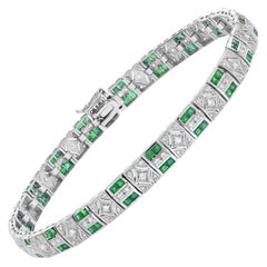 Bracciale a maglie in stile Art Deco con smeraldo e diamante taglio francese in oro bianco 18 carati